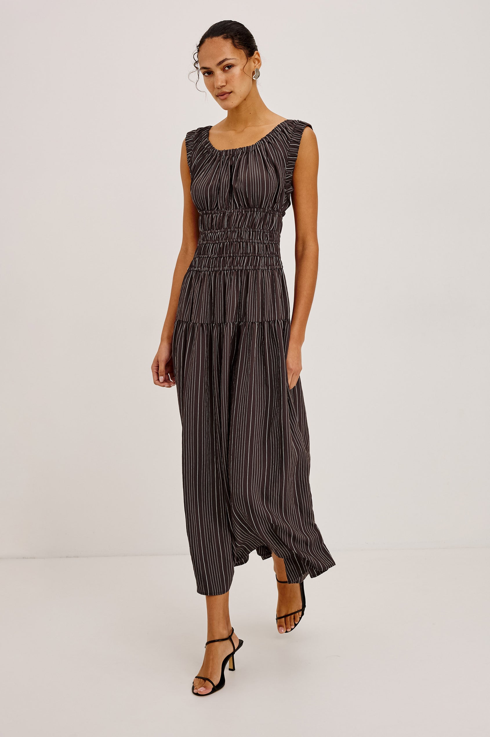 Anastasia Midi Dress With Elastic Scoop Neckline and Sleeveless Design, Laddered Waist Elastic, and Lined Single Tiered Skirt in Chicory Stripe Colorway - Full Body Front View Featured on Model
