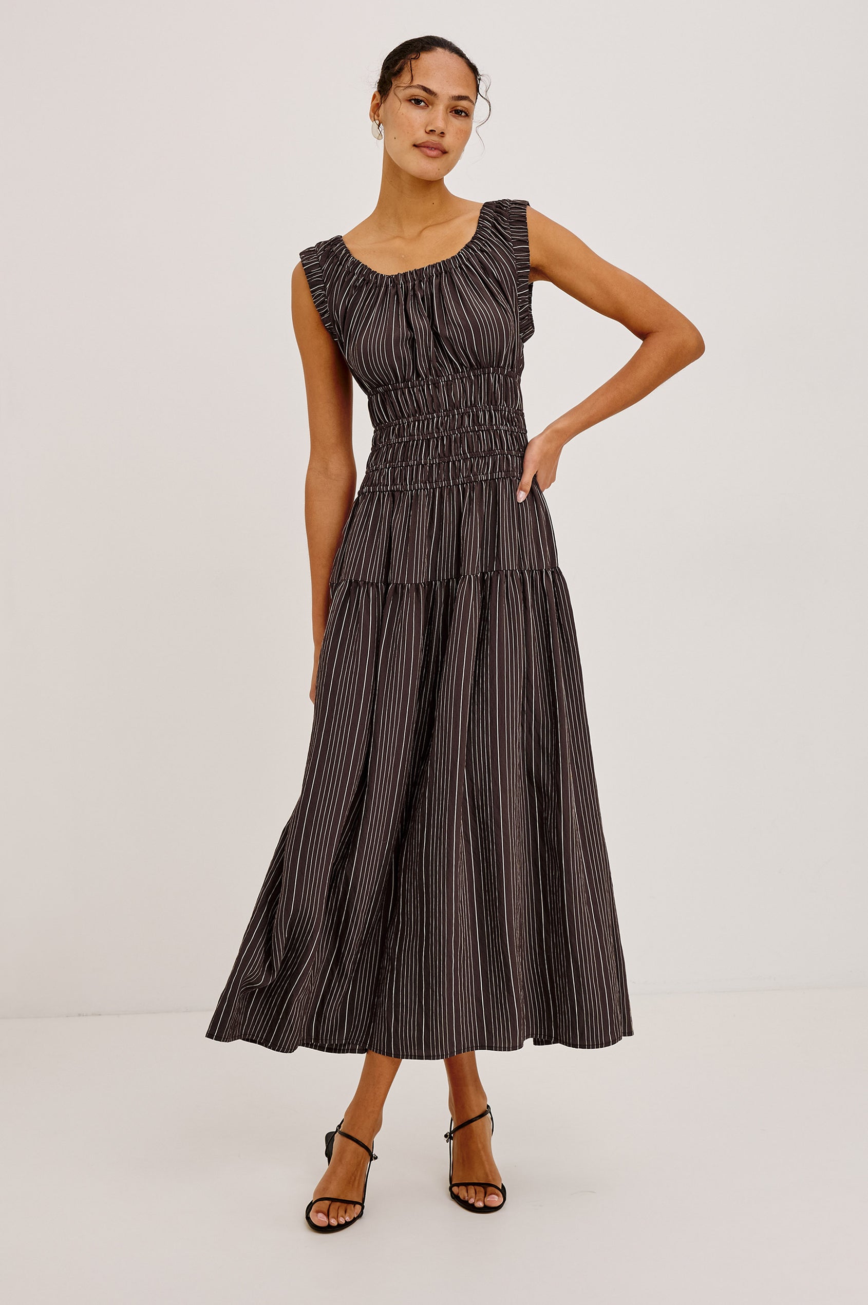 Anastasia Midi Dress With Elastic Scoop Neckline and Sleeveless Design, Laddered Waist Elastic, and Lined Single Tiered Skirt in Chicory Stripe Colorway - Full Body Front View Featured on Model