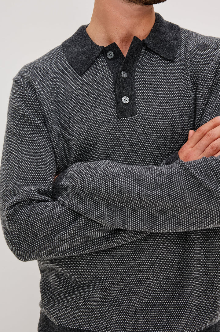 Anders Long Sleeve 3-Button Polo with Contrast Collar, Button Placket, Hem and Cuffs in Charcoal Ice Colorway. Front Detail View Featured on Model.