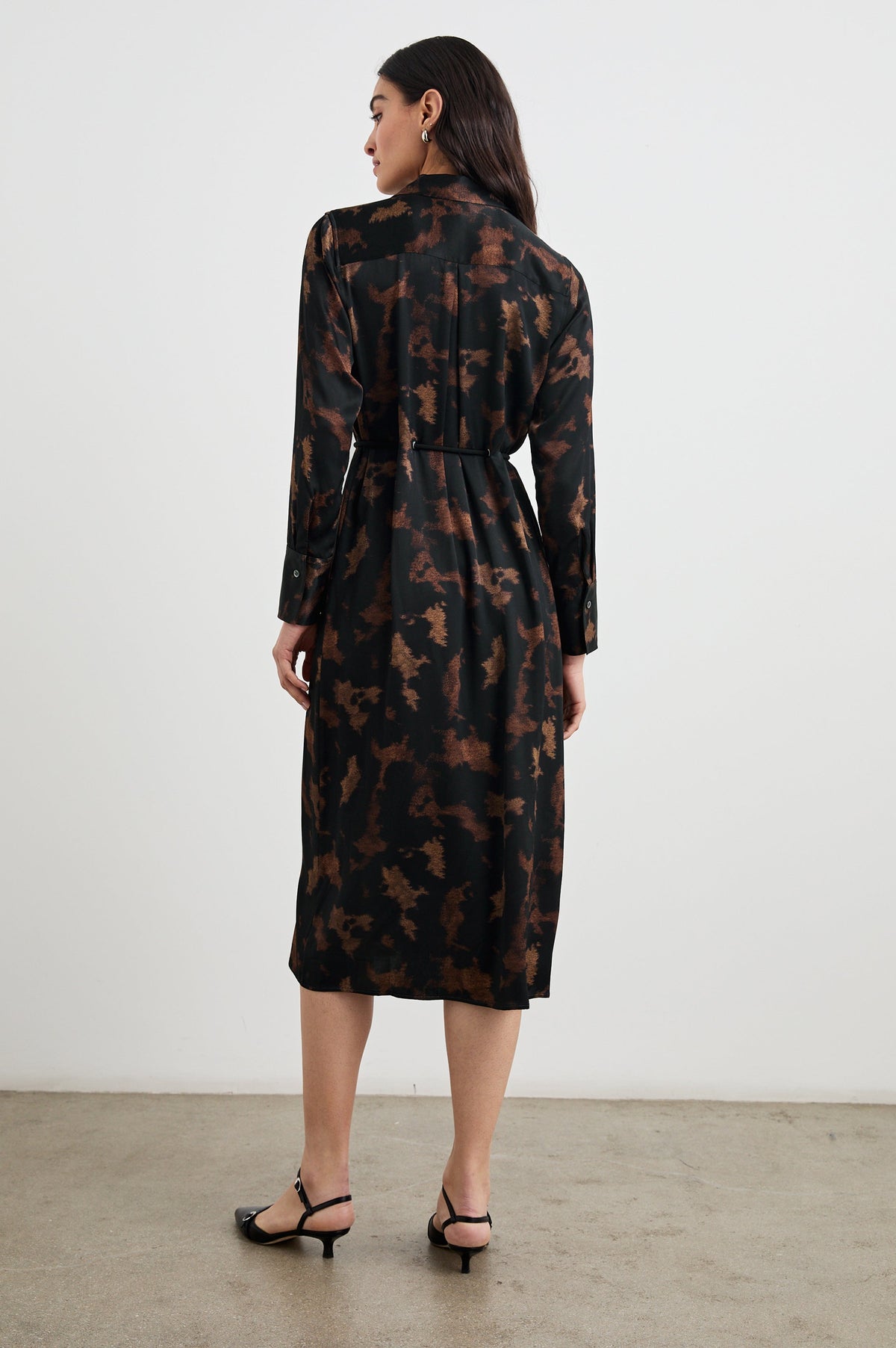 Anina Long-Sleeve Midi Dress with Buttons Down the Front, a Collar, Button Cuffs, and a Cord Belt in Diffused Sandstone Colorway, a pattern in black and browns - Back Full Body View Featured on Model