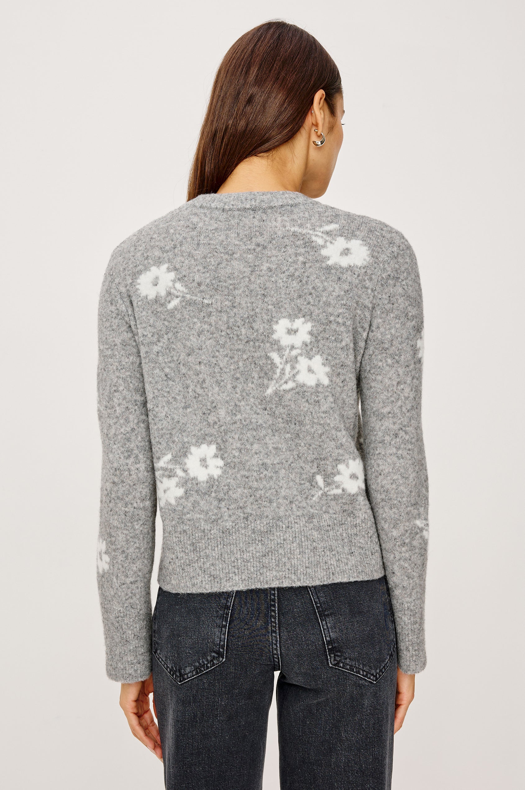 Anise Sweater in Wool Blend With Contrast Floral Motifs, Crew Neckline, Long Sleeves, and Relaxed Boxy Fit in Heather Floral Colorway - Upper Body Back View Featured on Model