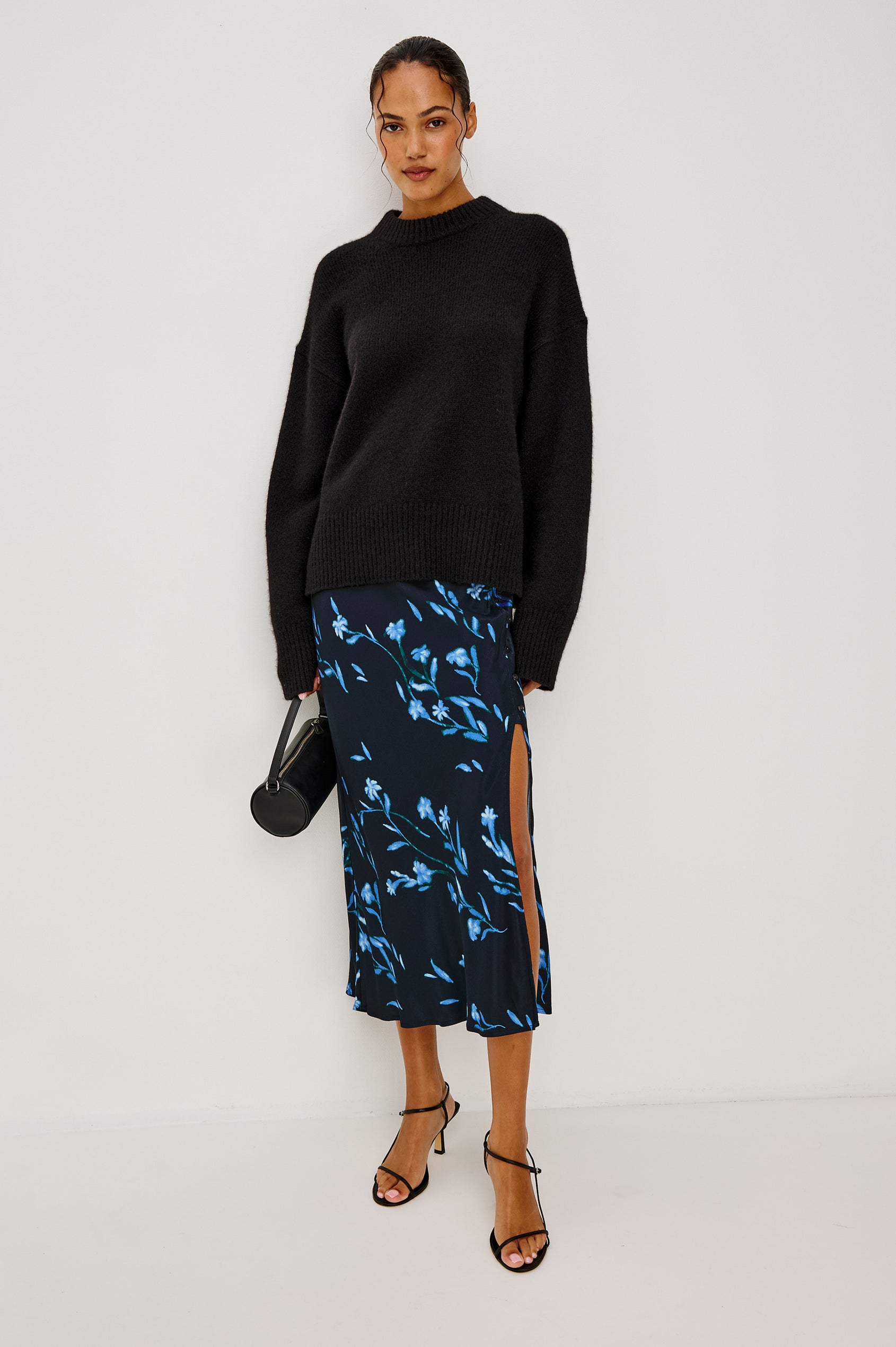 Anya High-Waisted Midi Skirt in Satin Crepe With Side Slit in Blue Carnation Floral Print - Full Body Front View Featured on Model