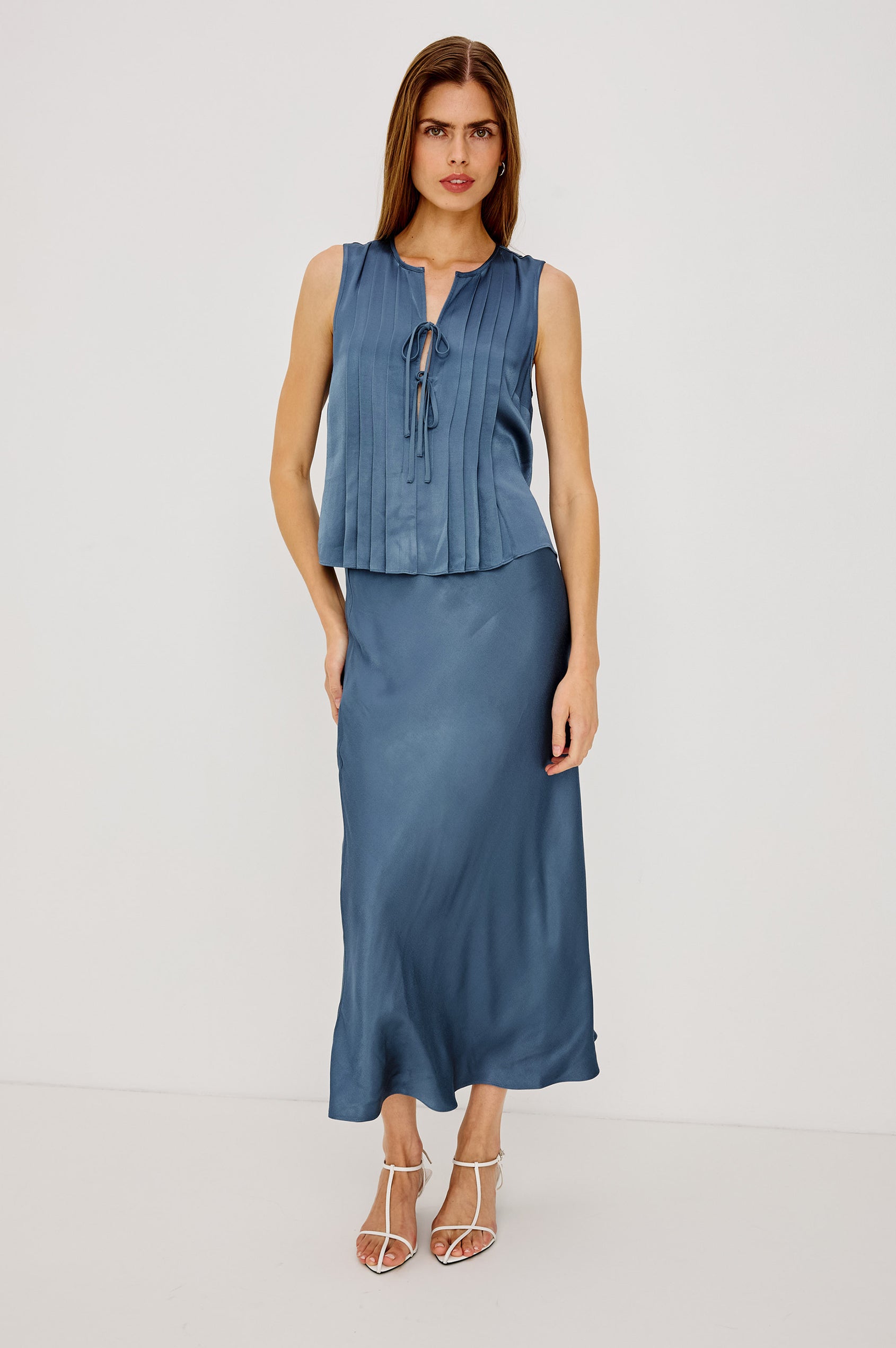 Anya Midi Skirt in Satin-Back Crepe, High-Rise Elastic Waistband, Pull-On FIt in Atlantic Colorway - Full Body Front View Featured on Model