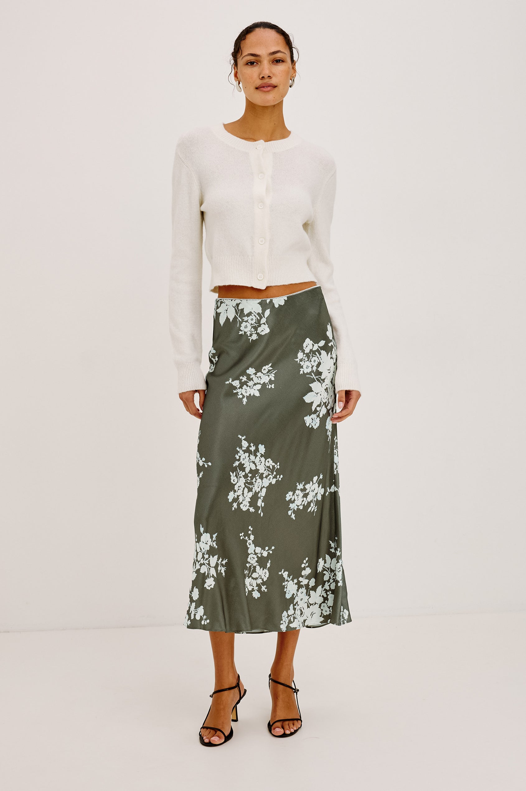 Anya Midi Skirt in Satin-Back Crepe, High-Rise Elastic Waistband, Pull-On FIt in Lace Floral Colorway - Lower Body Front View Featured on Model