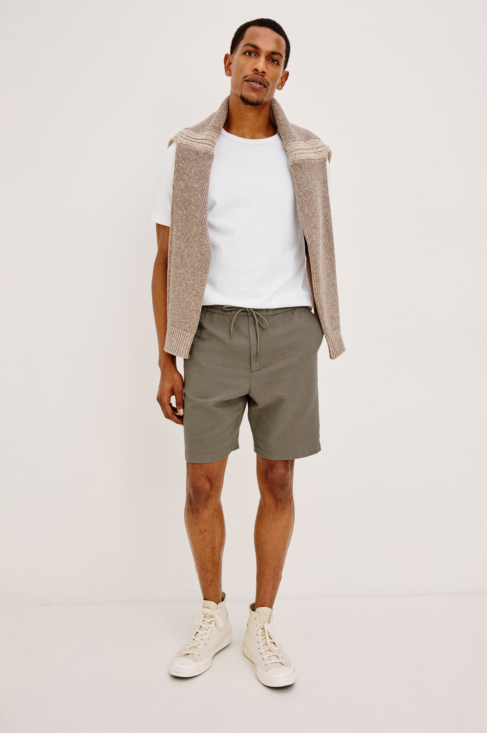 Archer Short in Unlined Cotton Linen With Relaxed Fit, Adjustable Waist Drawstring Ties, Side Pockts, and 6-Inch Inseam in Fallen Rock Colorway - Full Body Front View Featured on Model