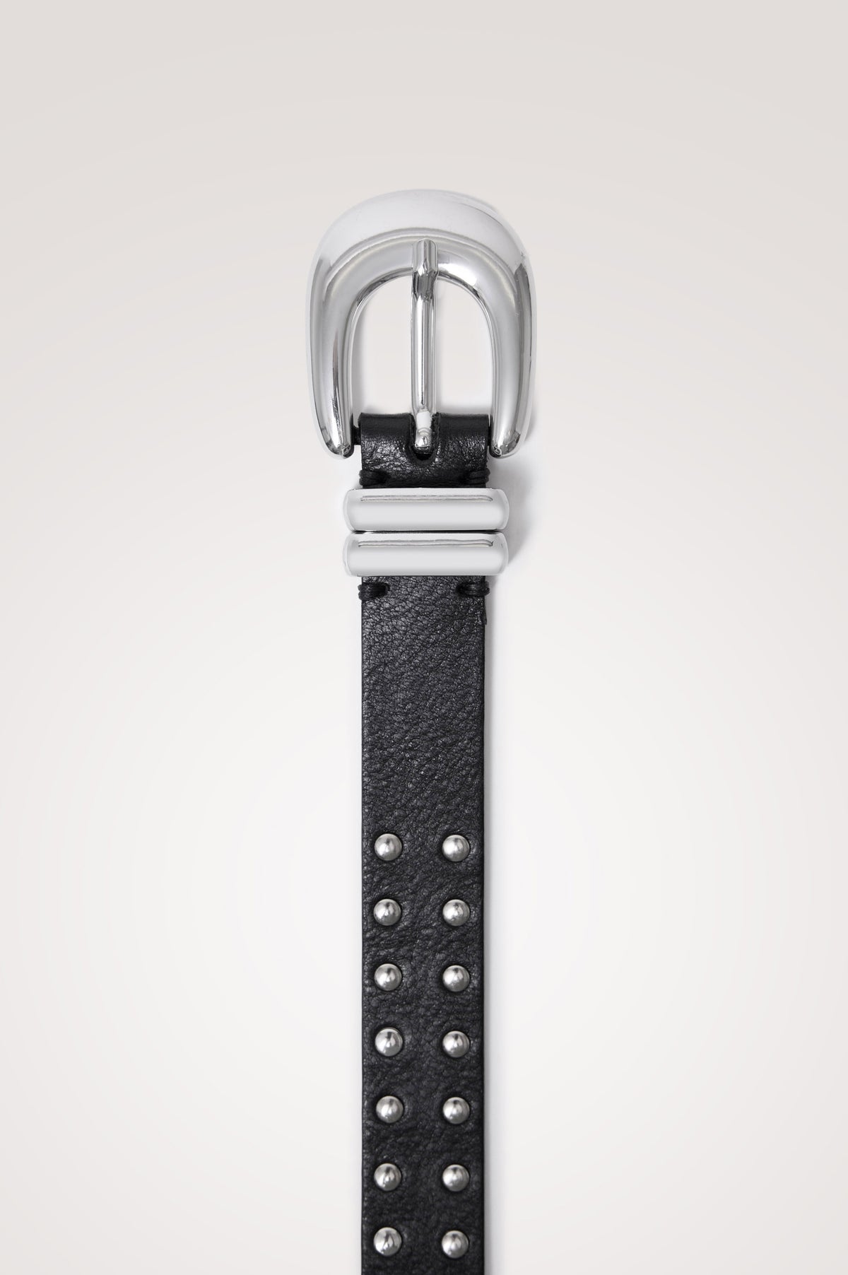 Argento Belt in Italian Leather With Tonal Stud Details and Polished Buckle in Black Silver Colorway - Flat Lay Product View Featured
