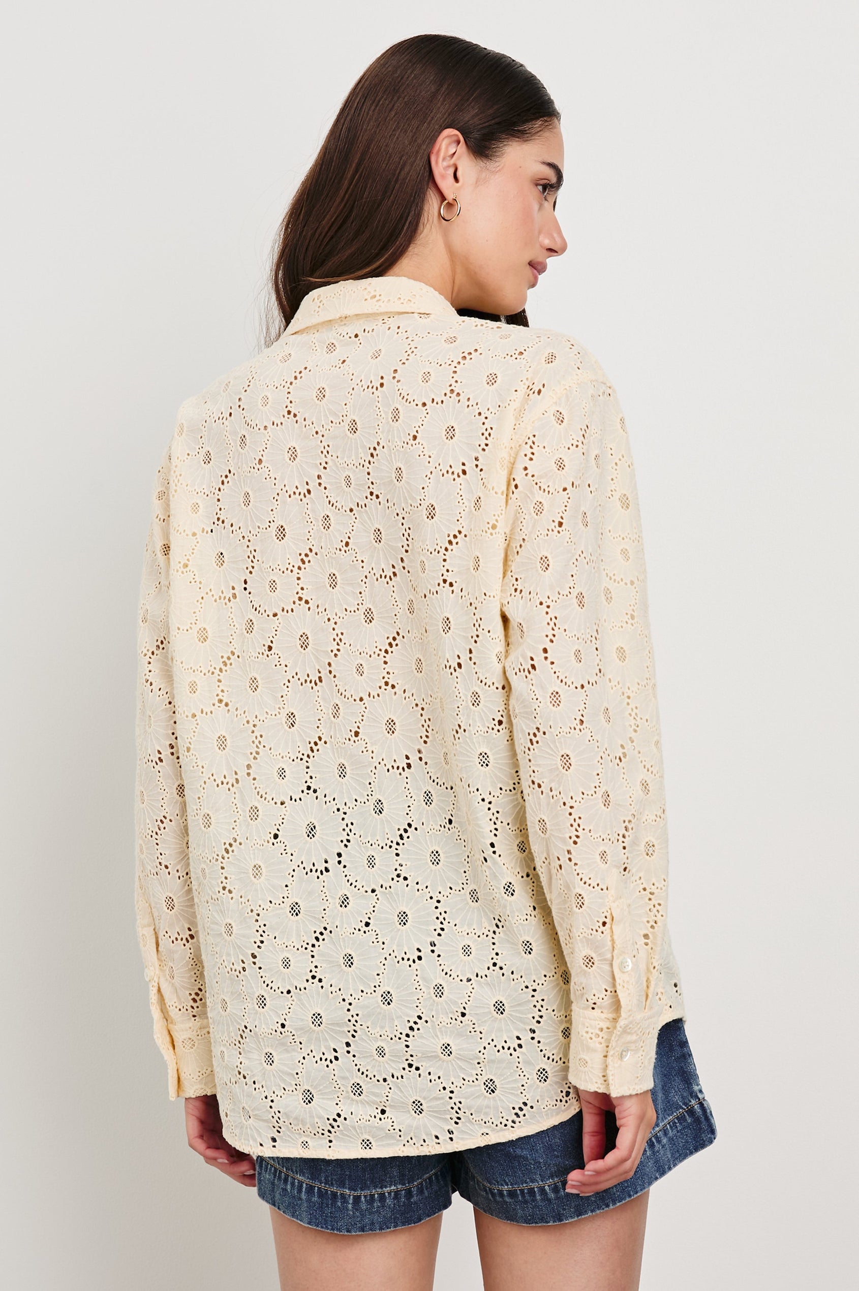 Arlo Long Sleeve Button Up with Chest Patch Pocket and Floral Eyelet Details in Cream Floral Colorway - Back View Featured on Model