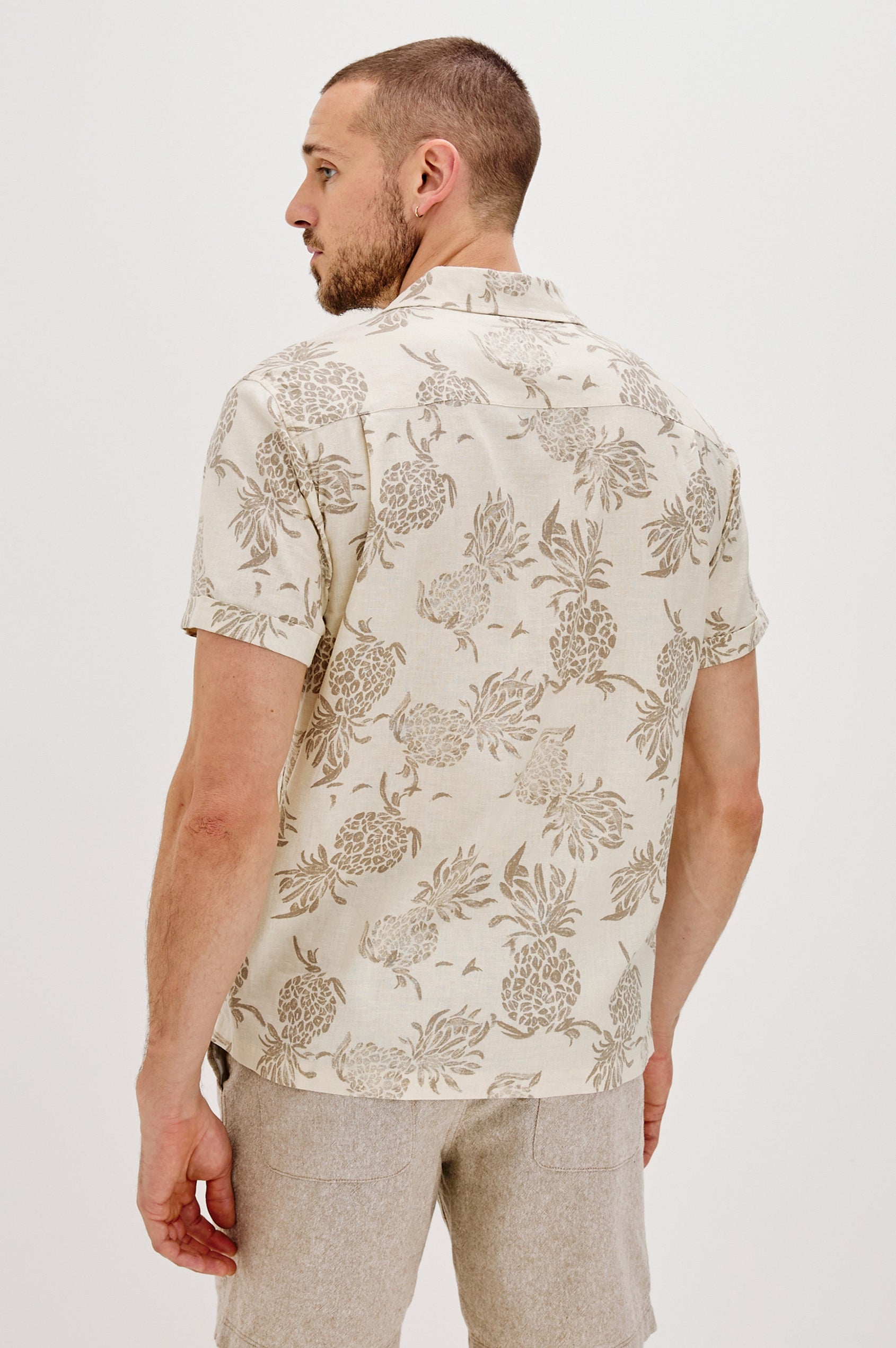 Atlas Printed Button Front Shirt with Short Sleeves, Flat Collar and Lapel in Pineapple Block Ecru Colorway. Back View Shown on Model.