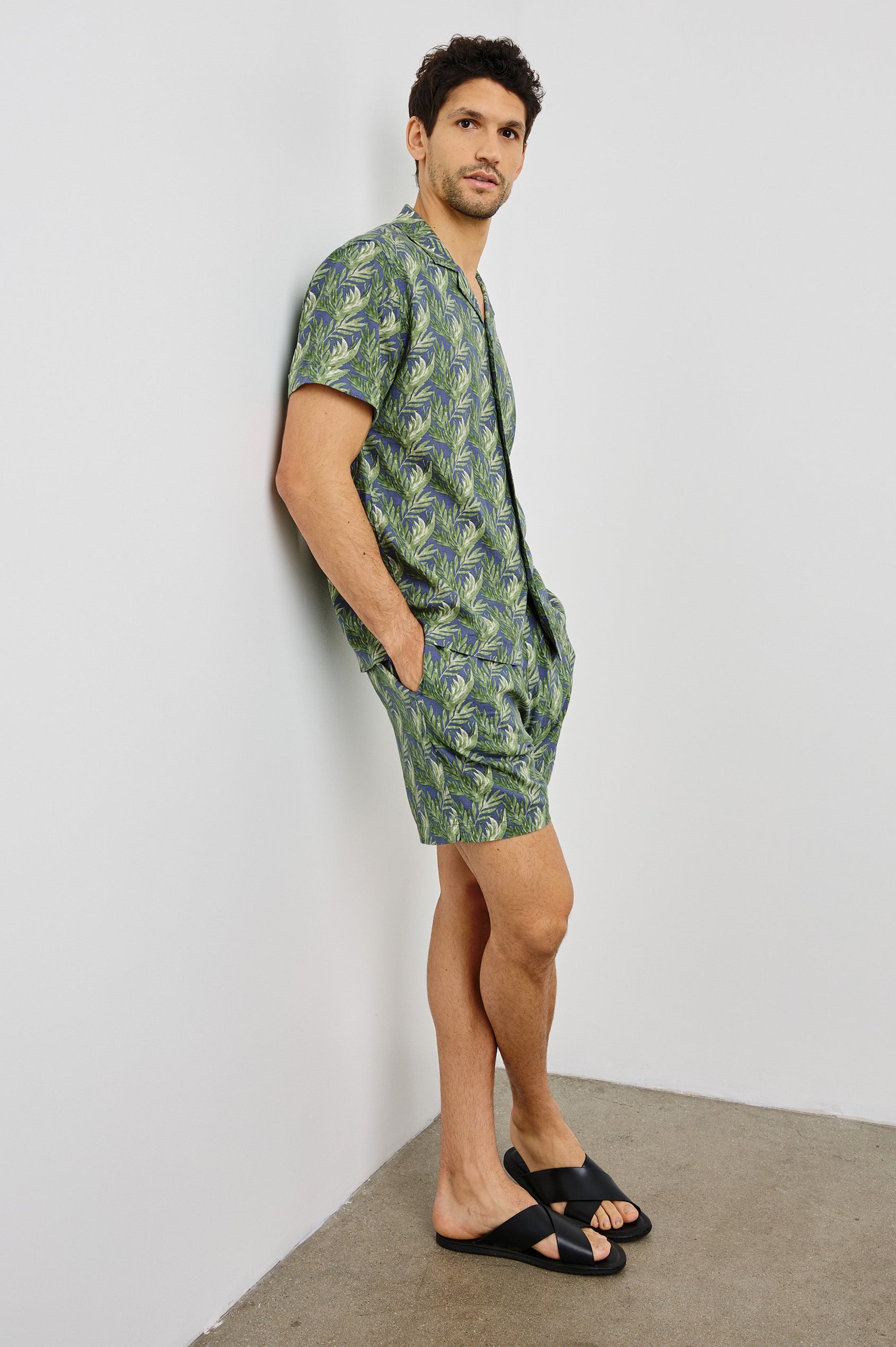 Atlas Collared Button Front Shirt with Short Sleeves in Slate Seaweed Colorway. Side View Shown on Model.