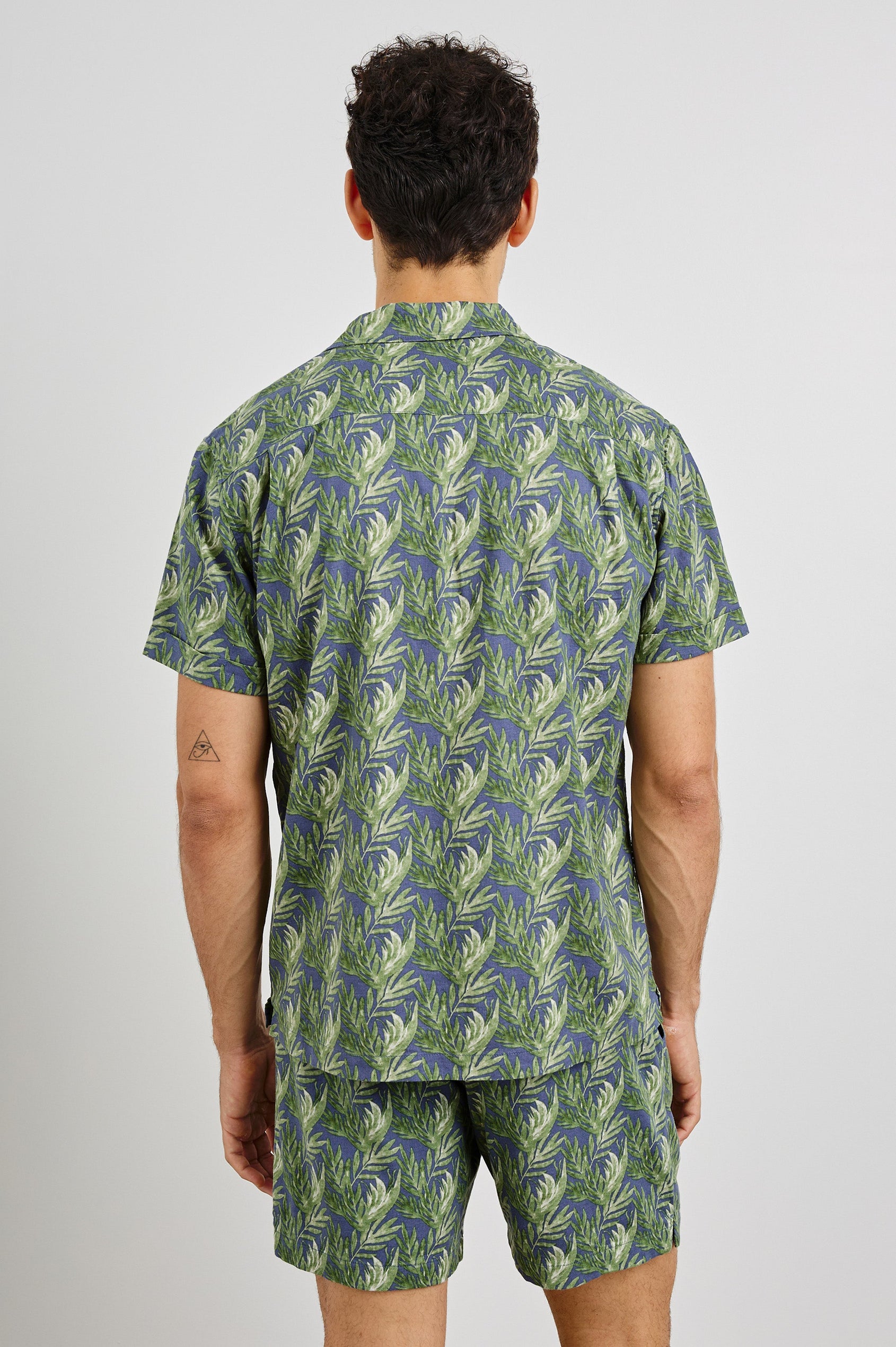 Atlas Collared Button Front Shirt with Short Sleeves in Slate Seaweed Colorway. Back View Shown on Model.