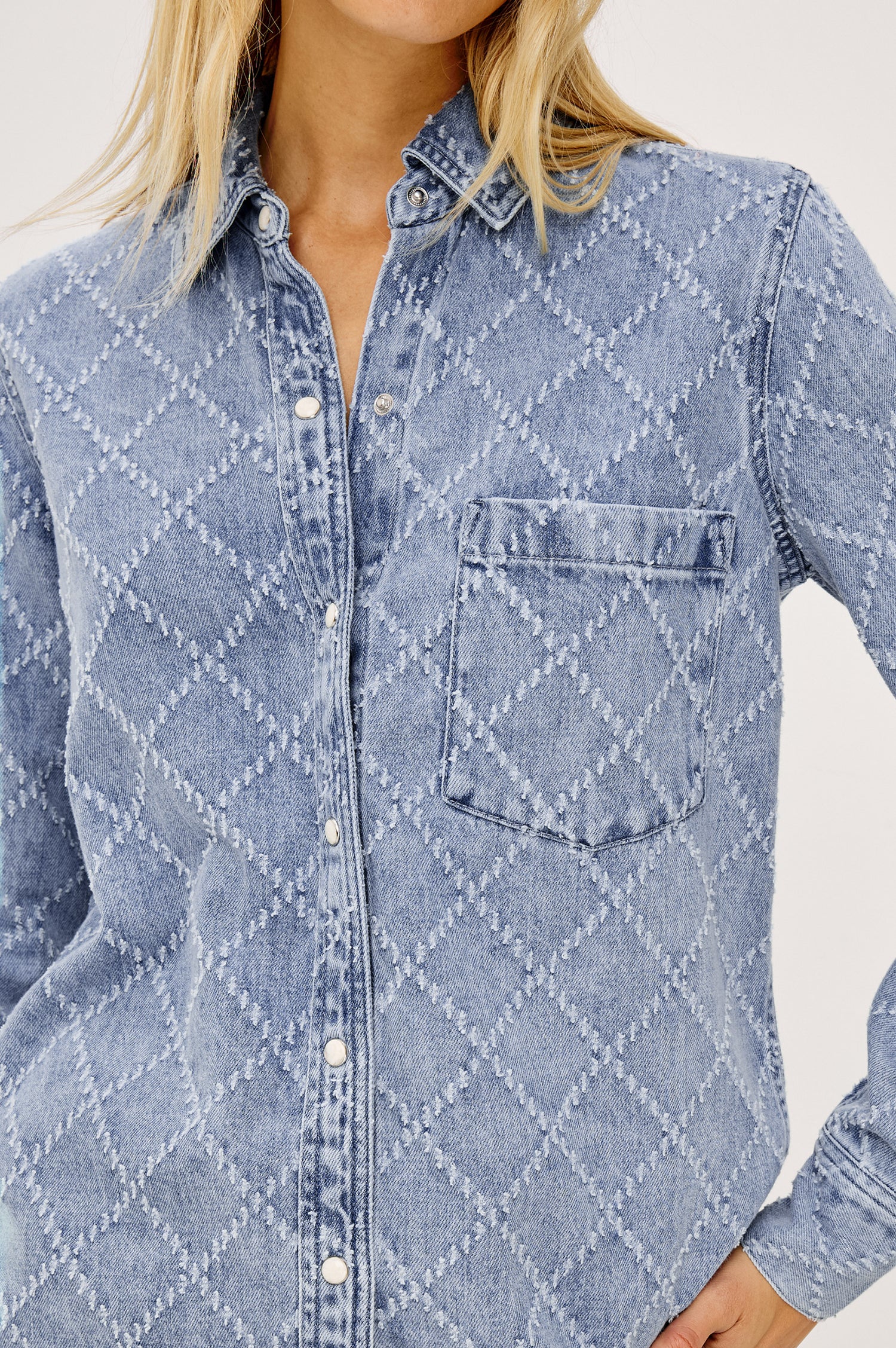 Atticus Shirt in Soft TENCEL™ Denim With Relaxed Fit, Point Collar, Front Button, and Long Sleeves With Flat-Felled Seams and Buttoned Cuffs in Diamond Distress Colorway - Upper Body Front View Featured on Model