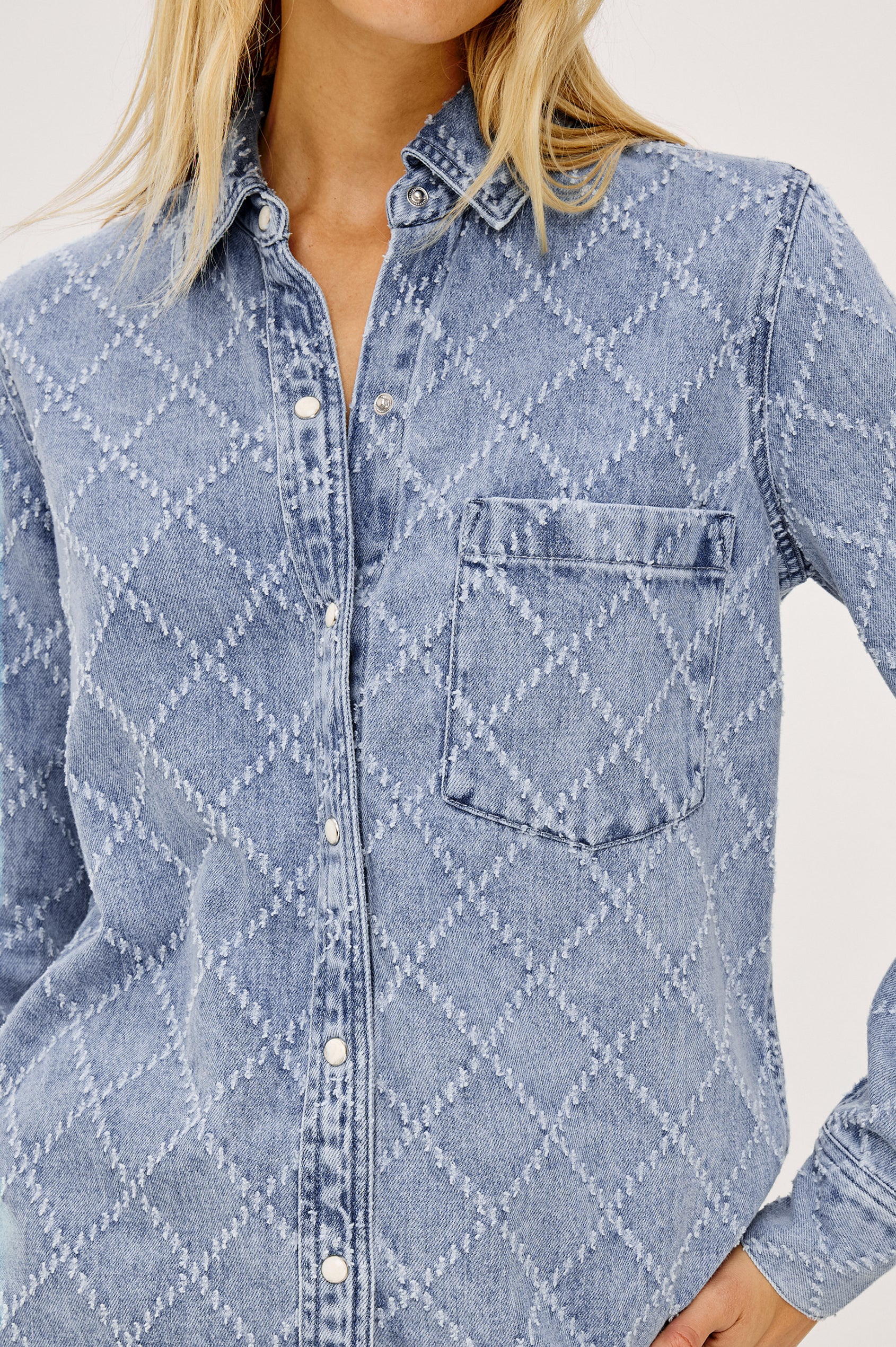 Atticus Shirt in Soft TENCEL™ Denim With Relaxed Fit, Point Collar, Front Button, and Long Sleeves With Flat-Felled Seams and Buttoned Cuffs in Diamond Distress Colorway - Upper Body Front View Featured on Model