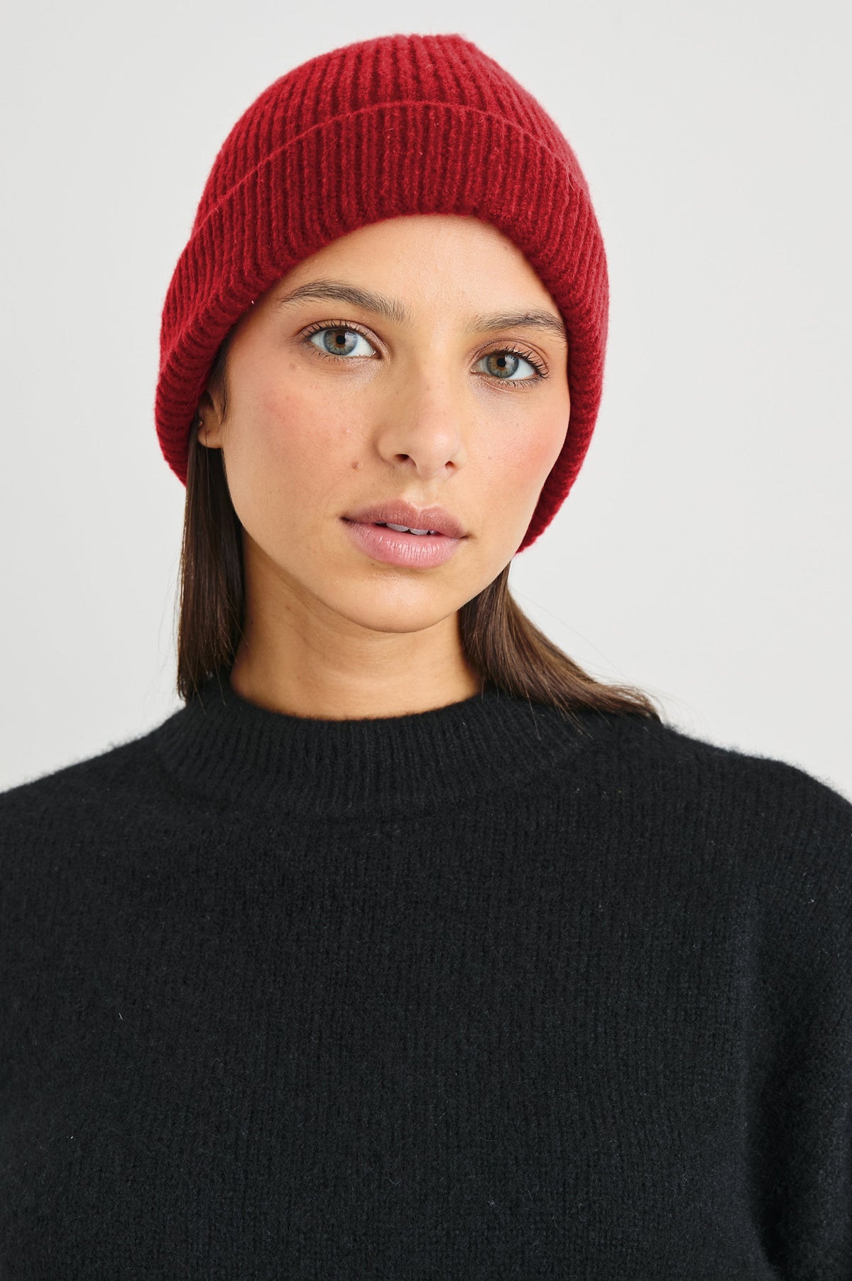 Autumn Cashmere Silk Cuffed Beanie in Merlot Colorway - Front View Featured on Model