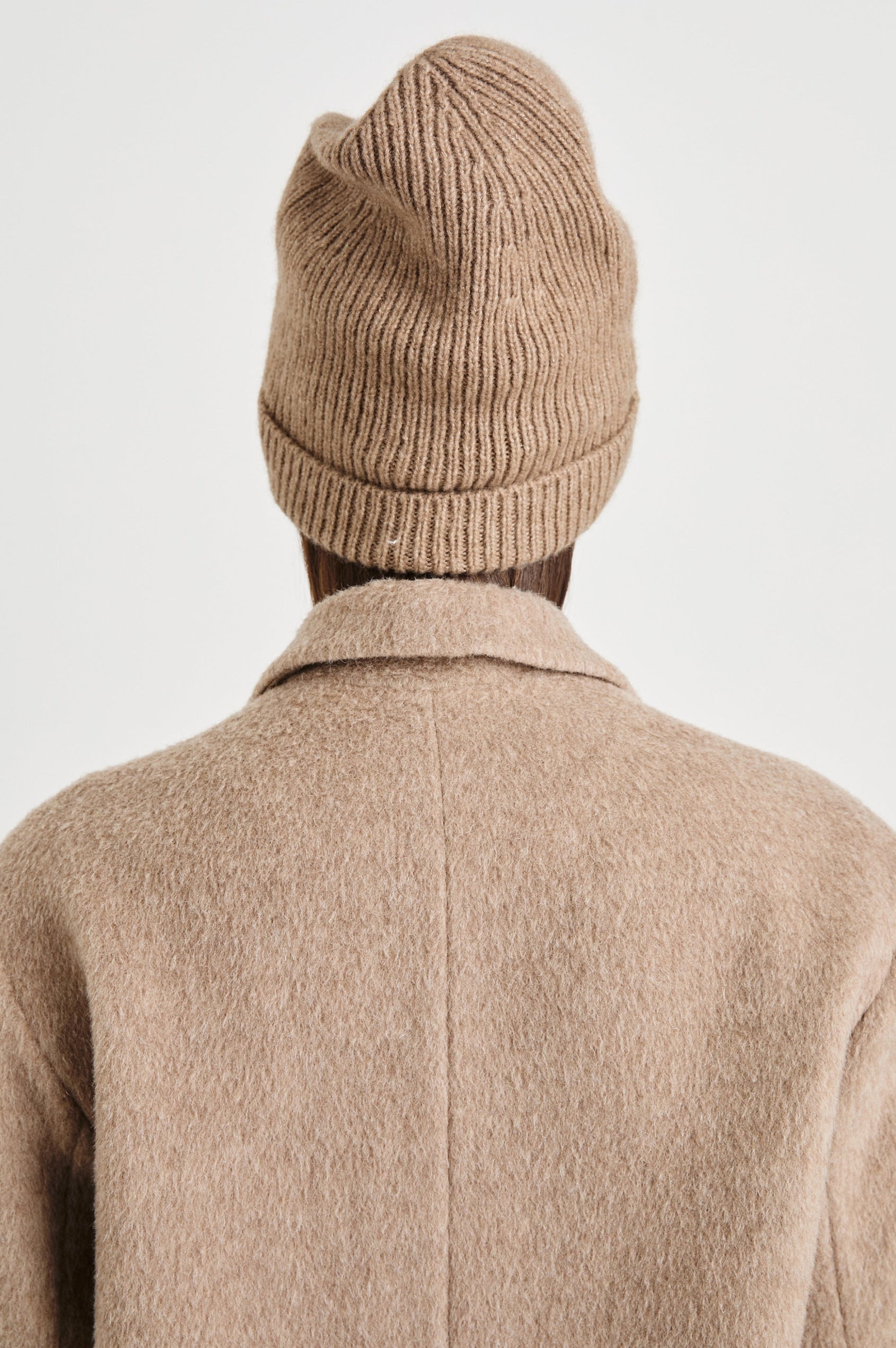 Autumn Cashmere Silk Cuffed Beanie in Oat Colorway - Merlot View Featured on Model