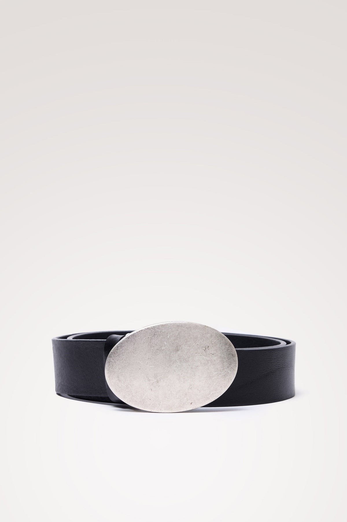 Barcelona Belt in Top Grain Italian Leather With Oversized Oval Plaque Buckle and 5-Hole Adjustability in Dark Brown Suede Silver Colorway - Front View of Buckle Featured