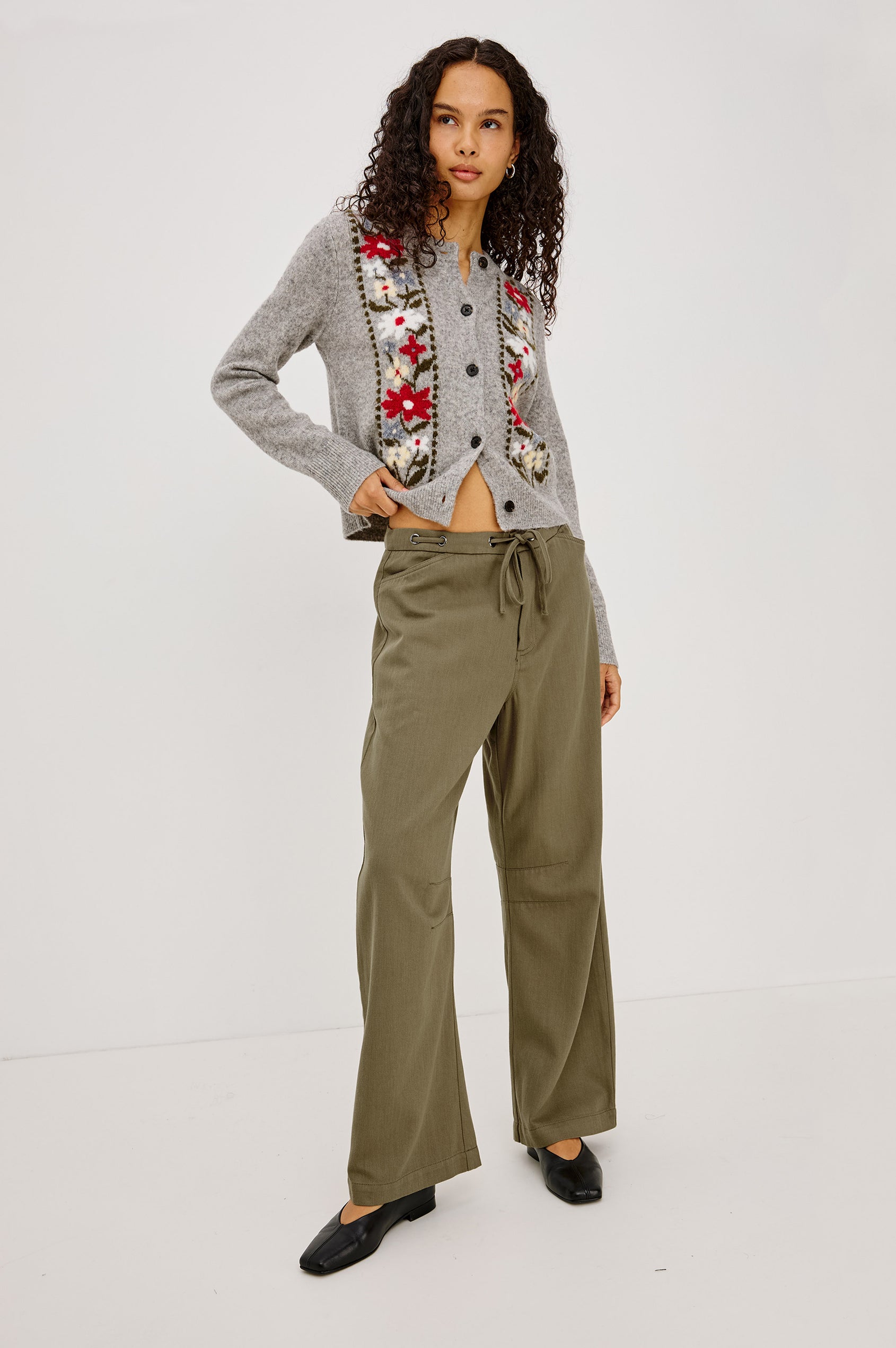 Barry Pant in Cotton Lyocell Denim With Wide Legs That Taper at Hem, Front Zip, Grommet Drawstring Waistband, and Side Slant Pockets in Olive Colorway - Full Body Front View Featured on Model