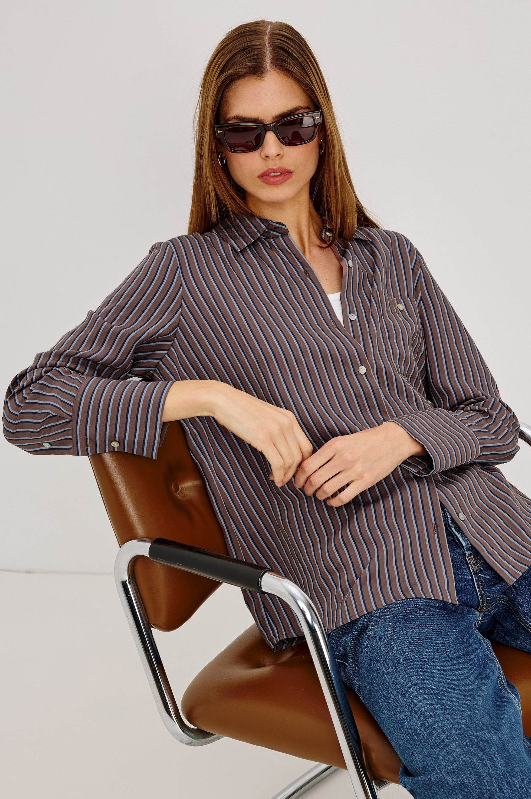 Beck Shirt in Luxe Rayon With Collar, Button Front, Chest Patch Pocket, Long Sleeves, and Relaxed Fit in Hickory Indigo Stripe Colorway - Full Body Front View Featured on Model