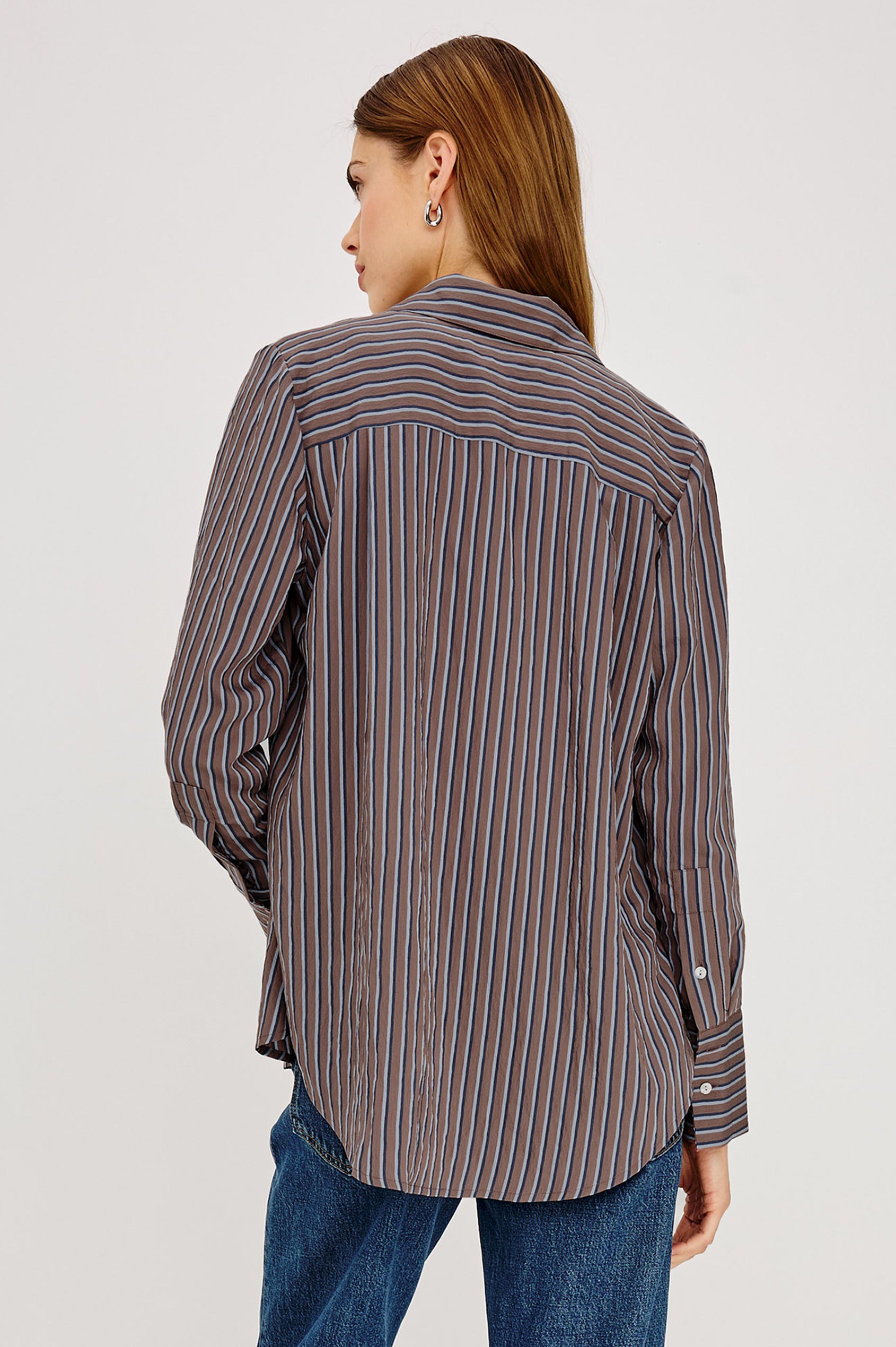 Beck Shirt in Luxe Rayon With Collar, Button Front, Chest Patch Pocket, Long Sleeves, and Relaxed Fit in Hickory Indigo Stripe Colorway - Upper Body Back View Featured on Model