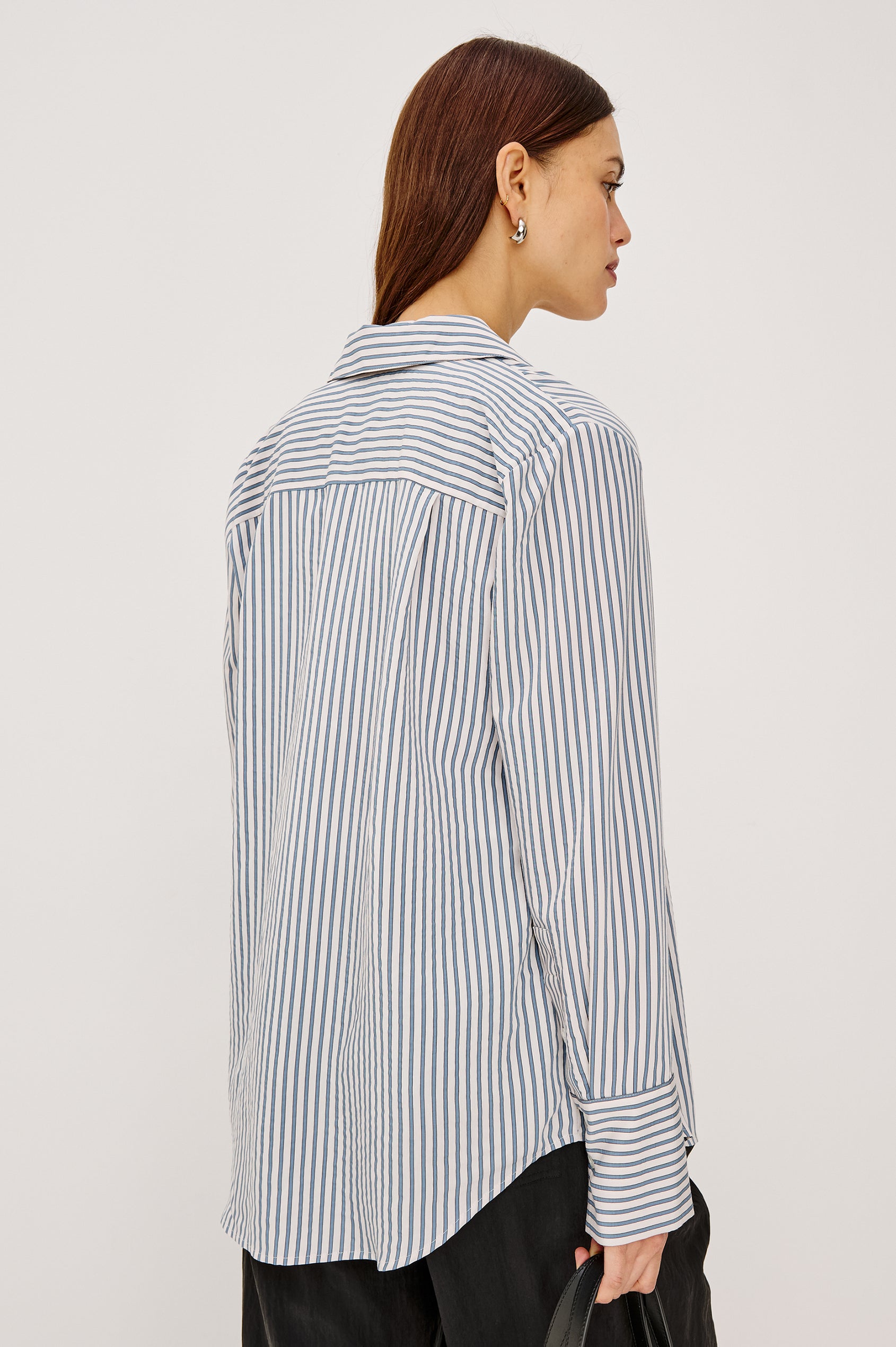 Beck Shirt in Luxe Rayon With Collar, Button Front, Chest Patch Pocket, Long Sleeves, and Relaxed Fit in Ivory Steel Blue Stripe Colorway - Upper Body Back View Featured on Model