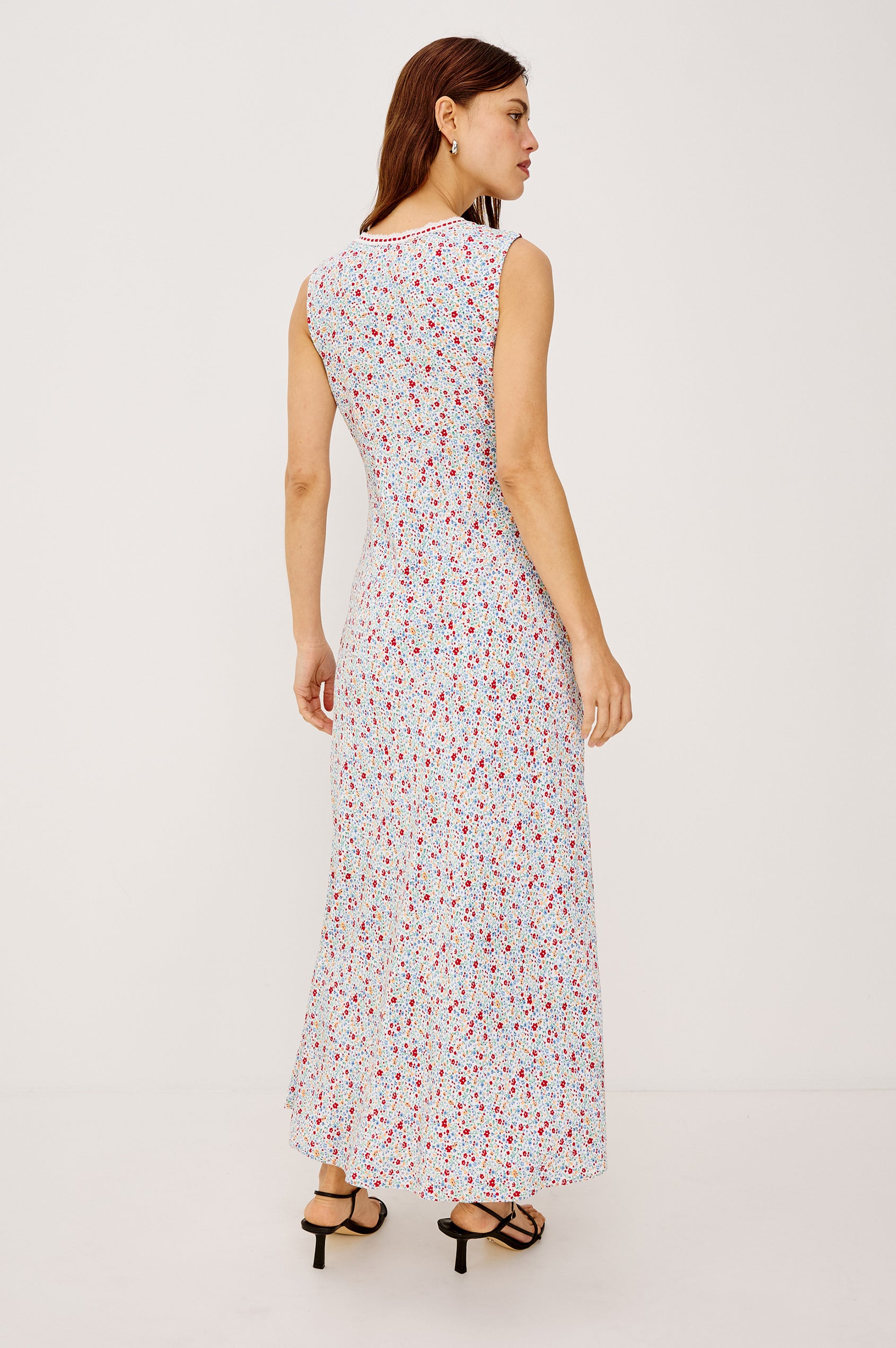 Bella midi Dress in Crepe Blend With Lace and Interlocked Ribbon Scoop Neckline, Center-Front Bust Ties, and A-Line Skirt in Meadow Colorway - Full Body Back View Featured on Model