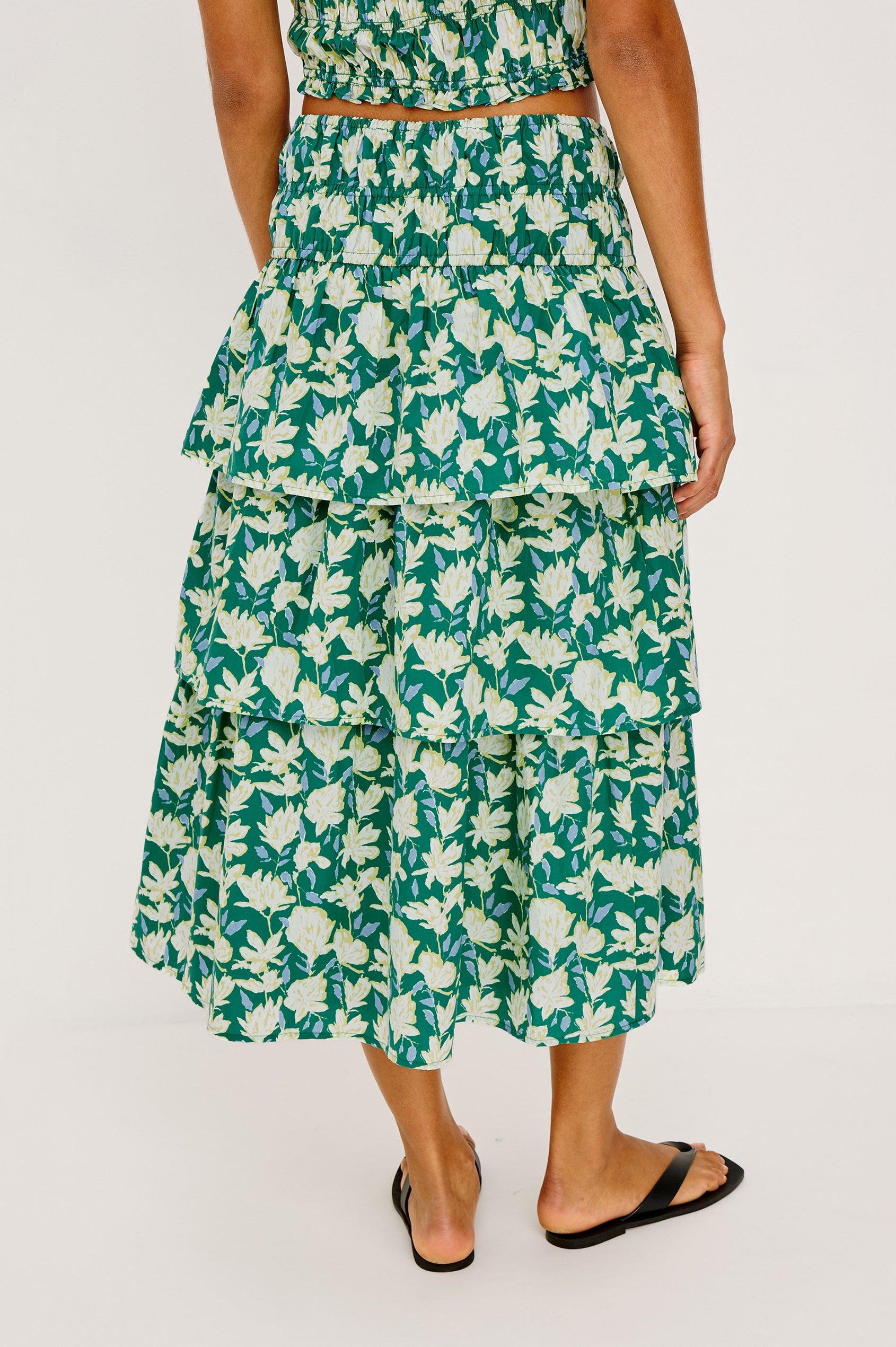 Belle Maxi Skirt in Cotton Poplin With Elastic Waist and Tiered Ruffles in Green Mayflower Colorway - Lower Body Front View Featured on Model