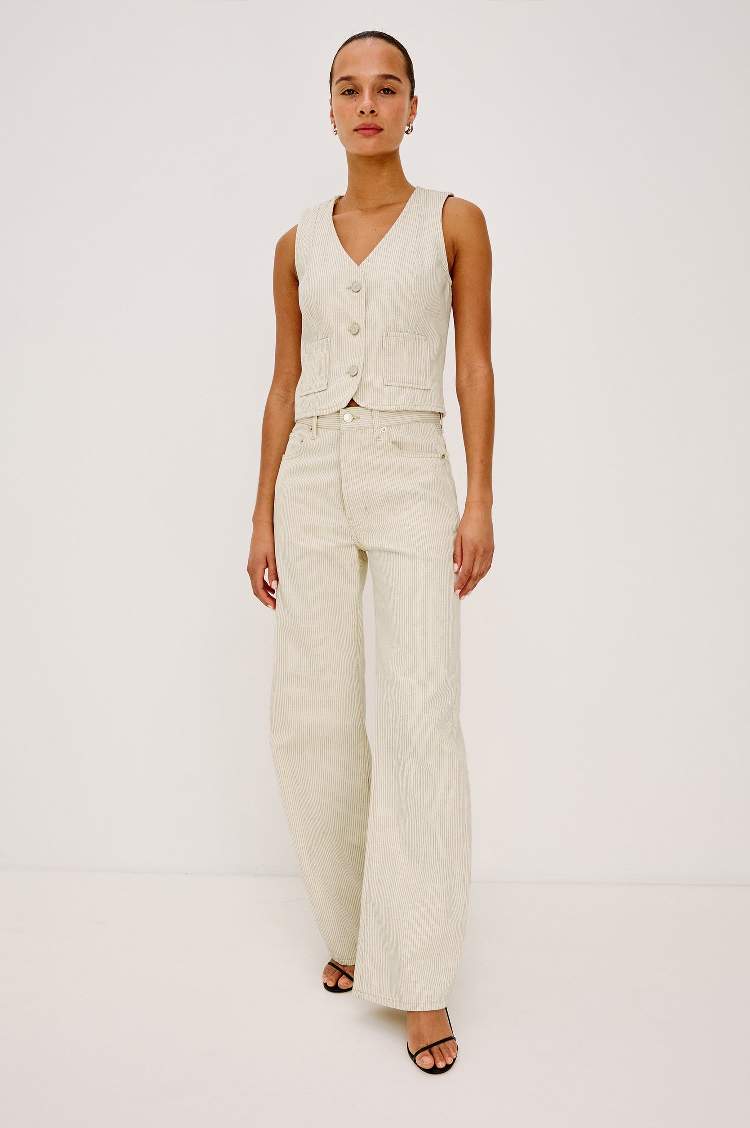 Belmont Arc Leg Jean in Rigid Denim With High-Waisted Fit, Button Fly, and 32″ Inseam in Ecru Railroad Stripe Colorway - Full Body Front View Featured on Model