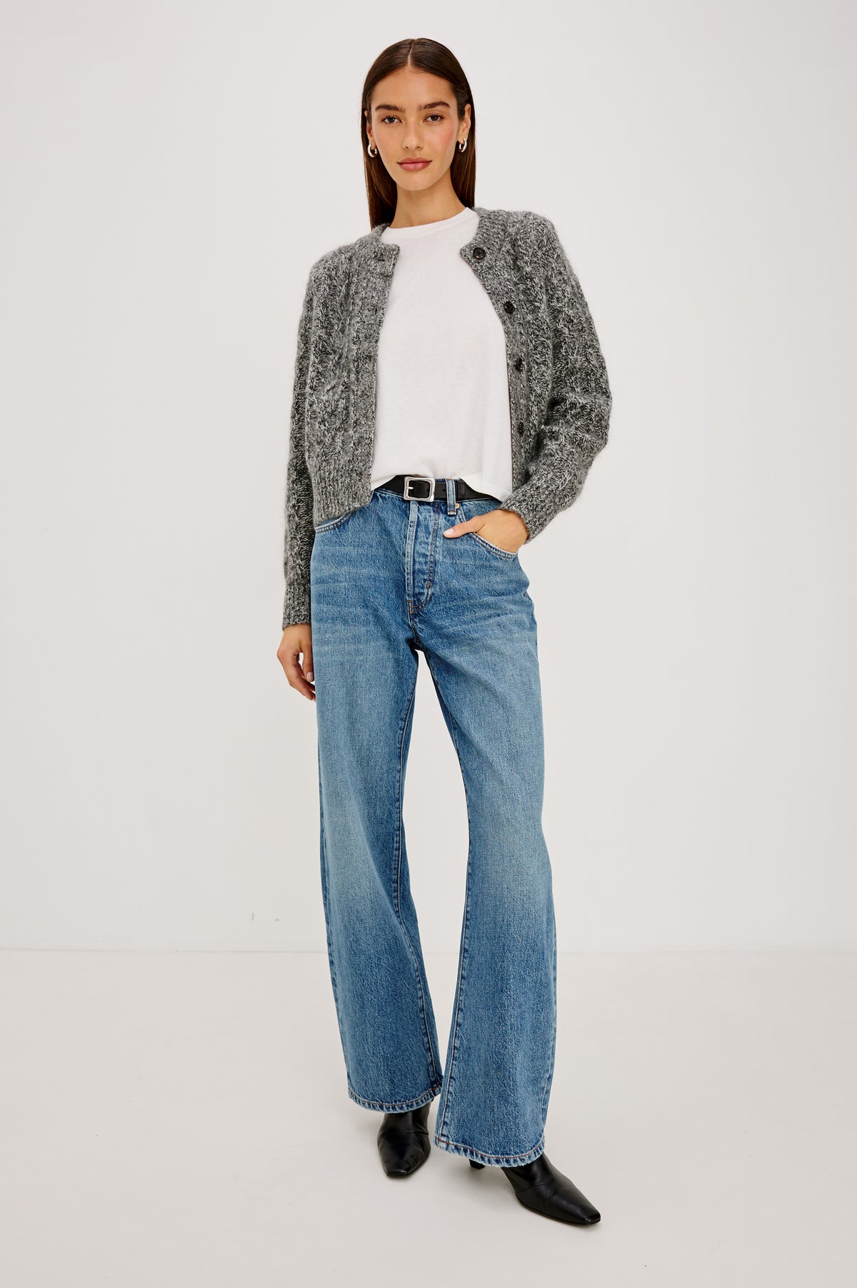 Petite Belmont Arc Leg Jean in Rigid Denim With High Rise, Distressed Detailing, Button Fly, and 5-Pockets in Homestead Colorway - Full Body Front View Featured on Model