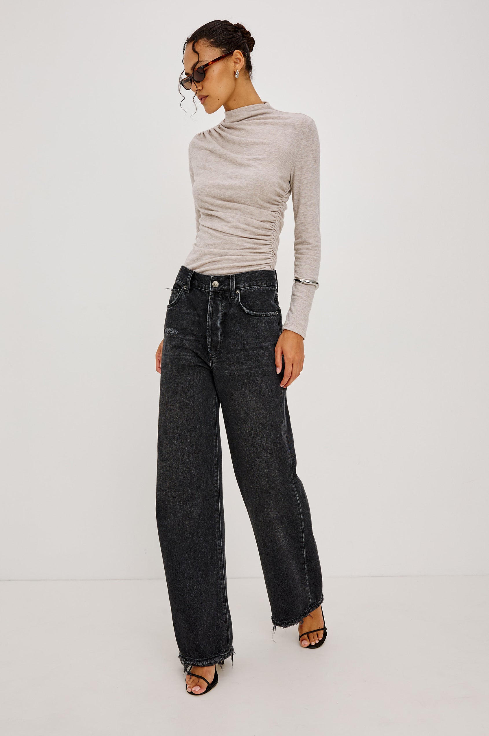 Belmont Petite Arc Leg Jean in Rigid Denim With High Rise, Distressed Detailing, Button Fly, and 5-Pockets in Nightcap Colorway - Full Body Front View Featured on Model