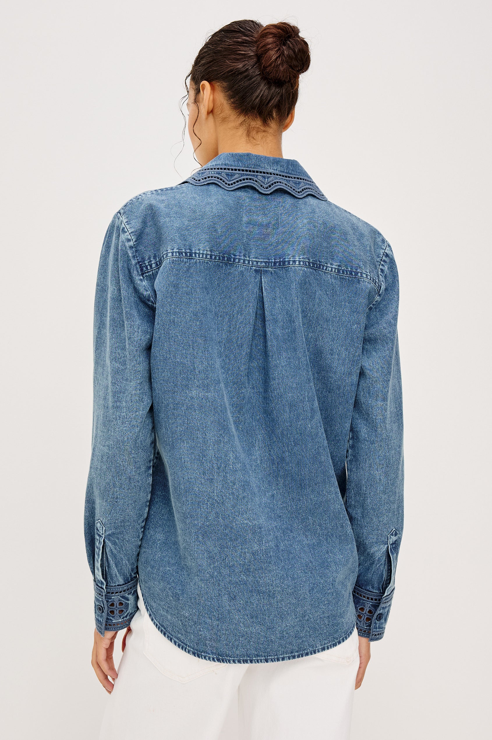 Bethany Button-Up Shirt in TENCELâ„¢ Denim With an Embroidered Collar Long Sleeves and Loose Fit in Antique Blue Colorway - Upper Body Back View Featured on Model