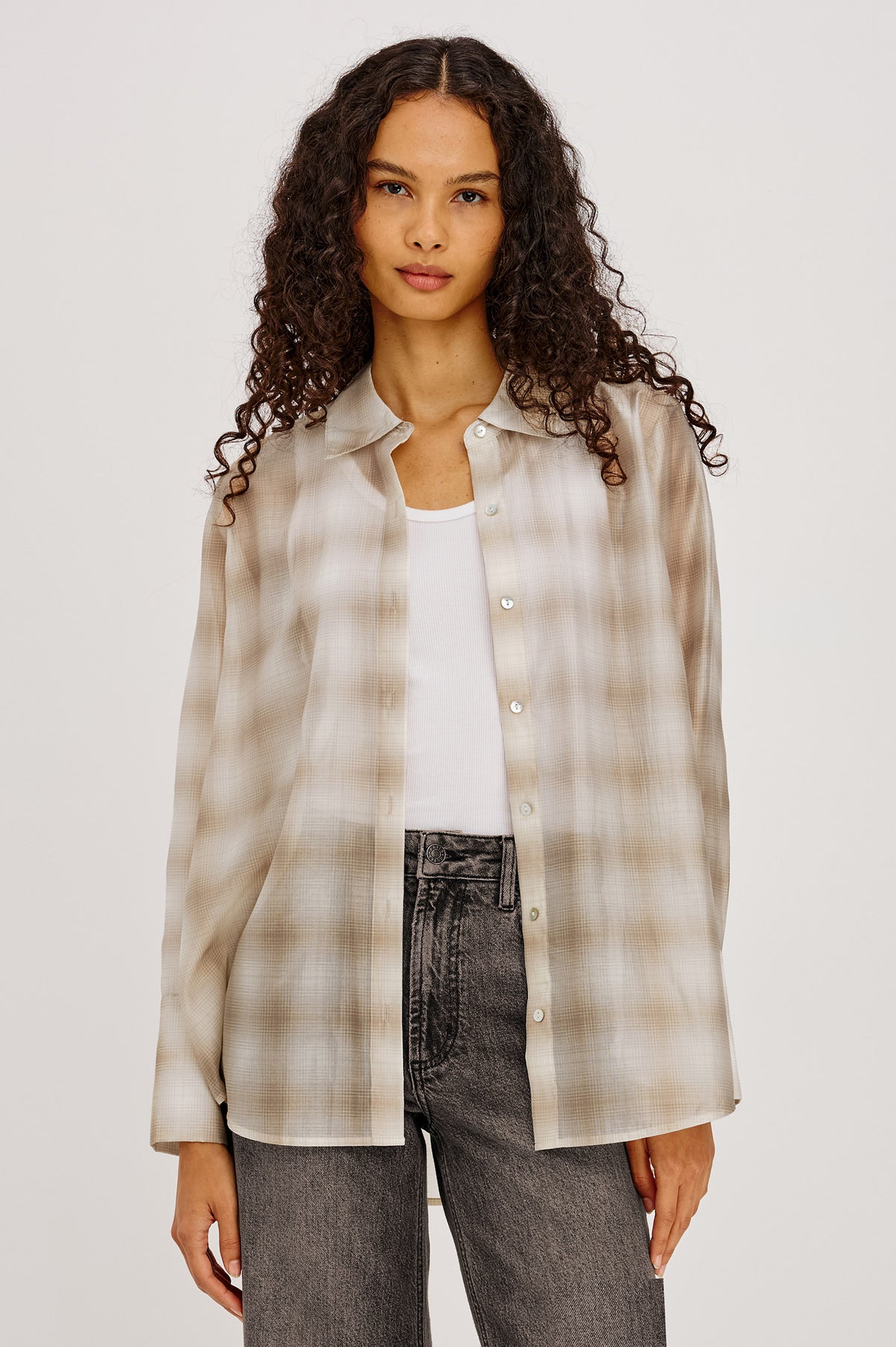 Bishop Shirt in Soft Voile With Collar, Button Front, Long Sleeves, and Relaxed Fit in Mink Vanilla Colorway - Upper Body Front View Featured on Model