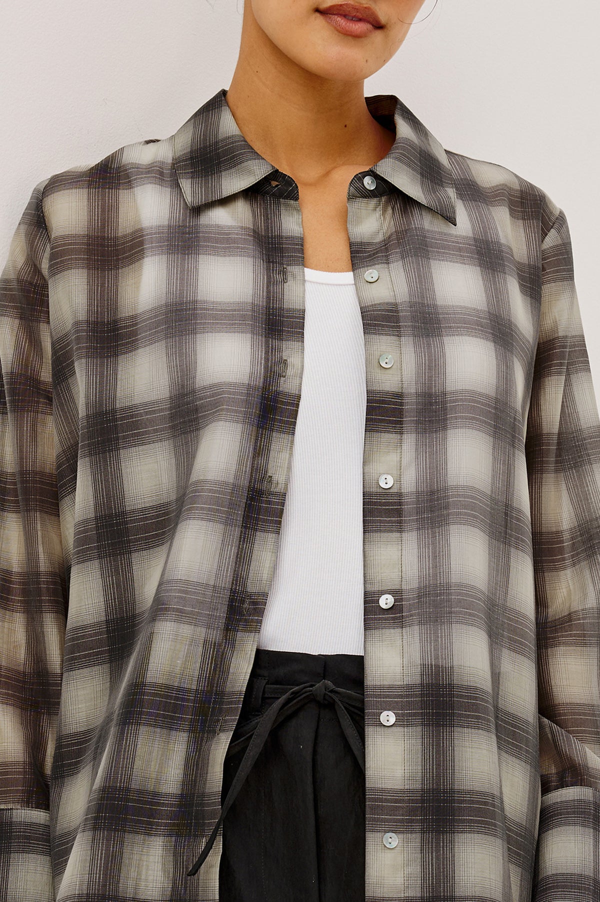 Bishop Shirt in Soft Voile With Collar, Button Front, Long Sleeves, and Relaxed Fit in Onyx Taupe Colorway - Upper Body Front View Featured on Model
