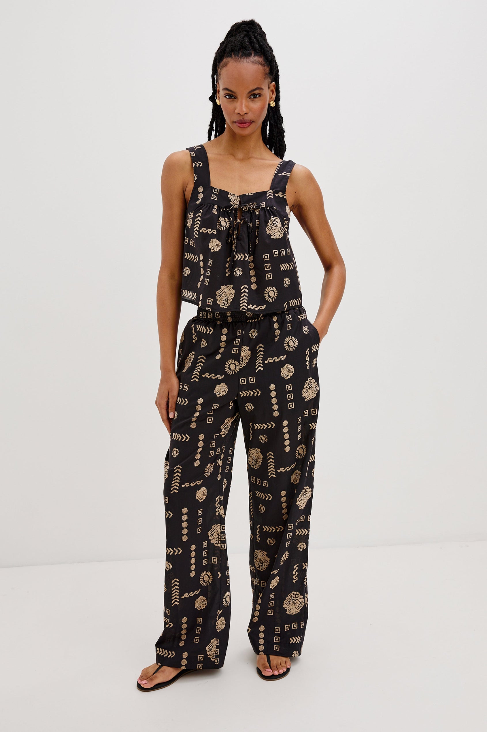 Blythe Square Neck Tank Top with Wide Straps and Two Front Ties in Beach Shells Colorway. Full Body Front View Shown on Model.