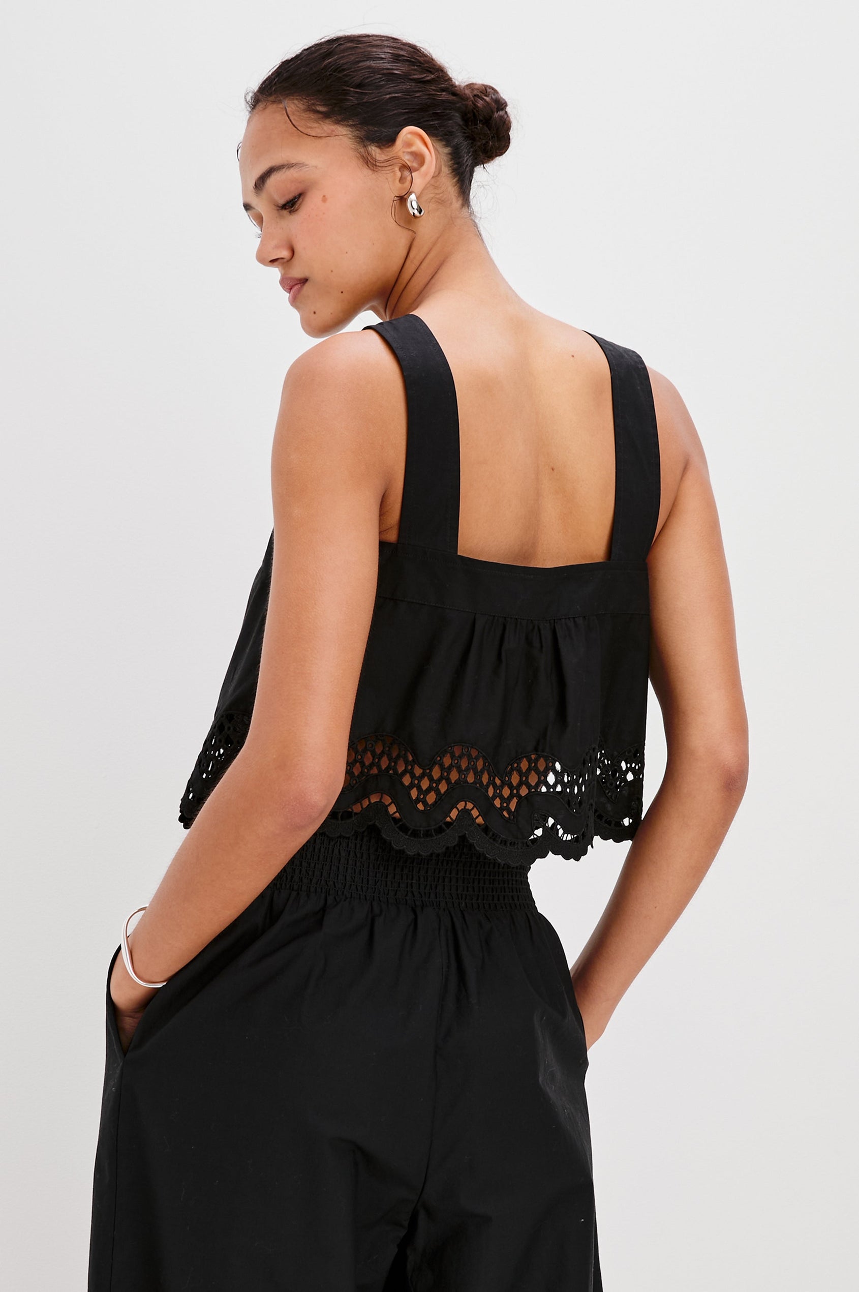 Blythe Square Neck Tank with Wide Straps, Two Front Ties and a Scalloped Hem in Black Colorway. Back View Shown on Model.