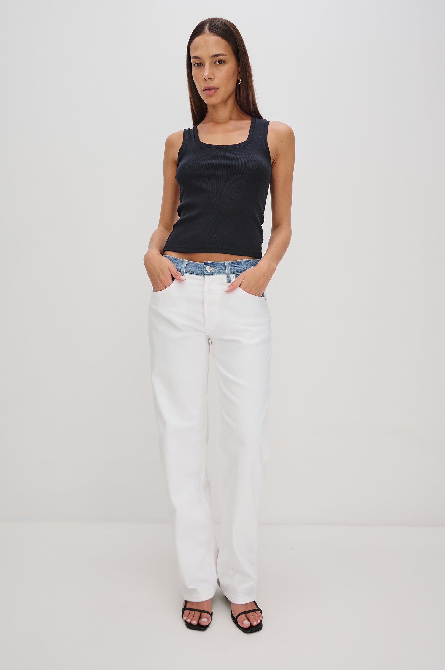 Bobbie Tank Top in Cotton Rib Blend With Soft Square Neckline, Wide Shoulder Straps, and Classic Fit in Black - Full Body Front View Featured on Model