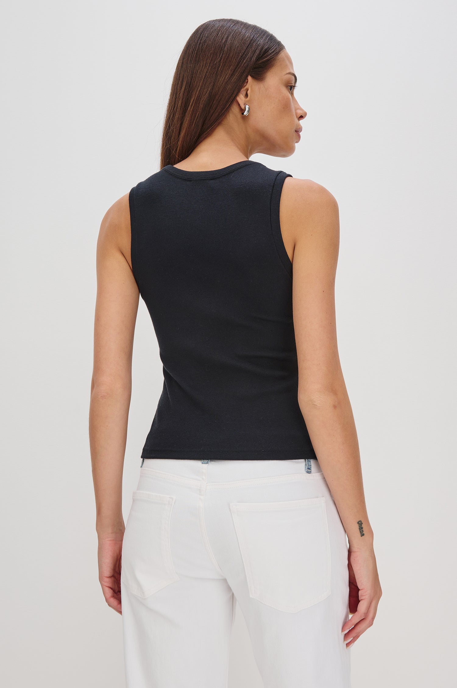 Bobbie Tank Top in Cotton Rib Blend With Soft Square Neckline, Wide Shoulder Straps, and Classic Fit in Black - Full Body Front View Featured on Model