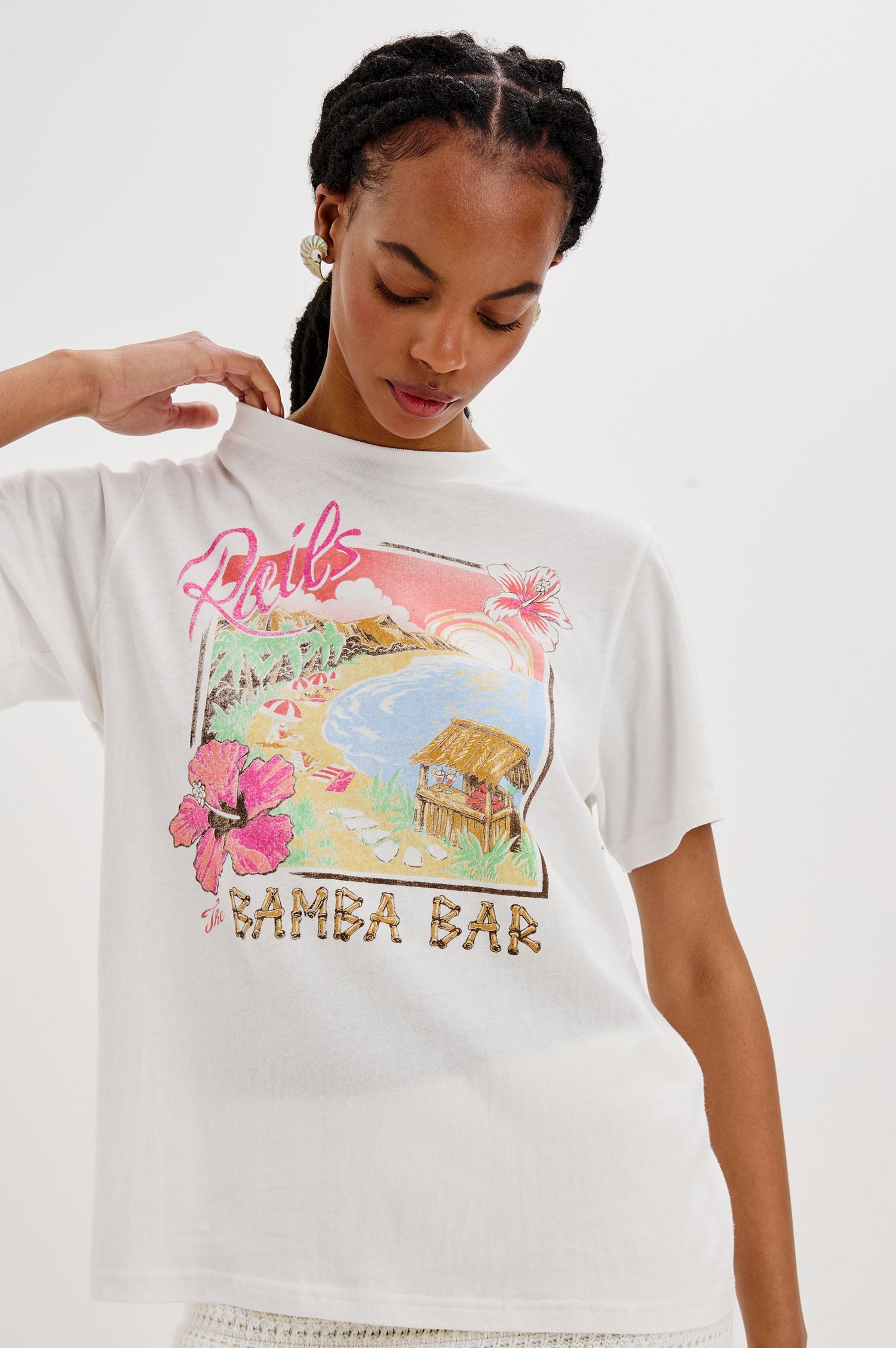 Boyfriend Crew Neck Tee with Short Sleeves and Screen Print on Front in Pink, Blue, Green Bamba Bar Colorway. Front View Shown on Model.