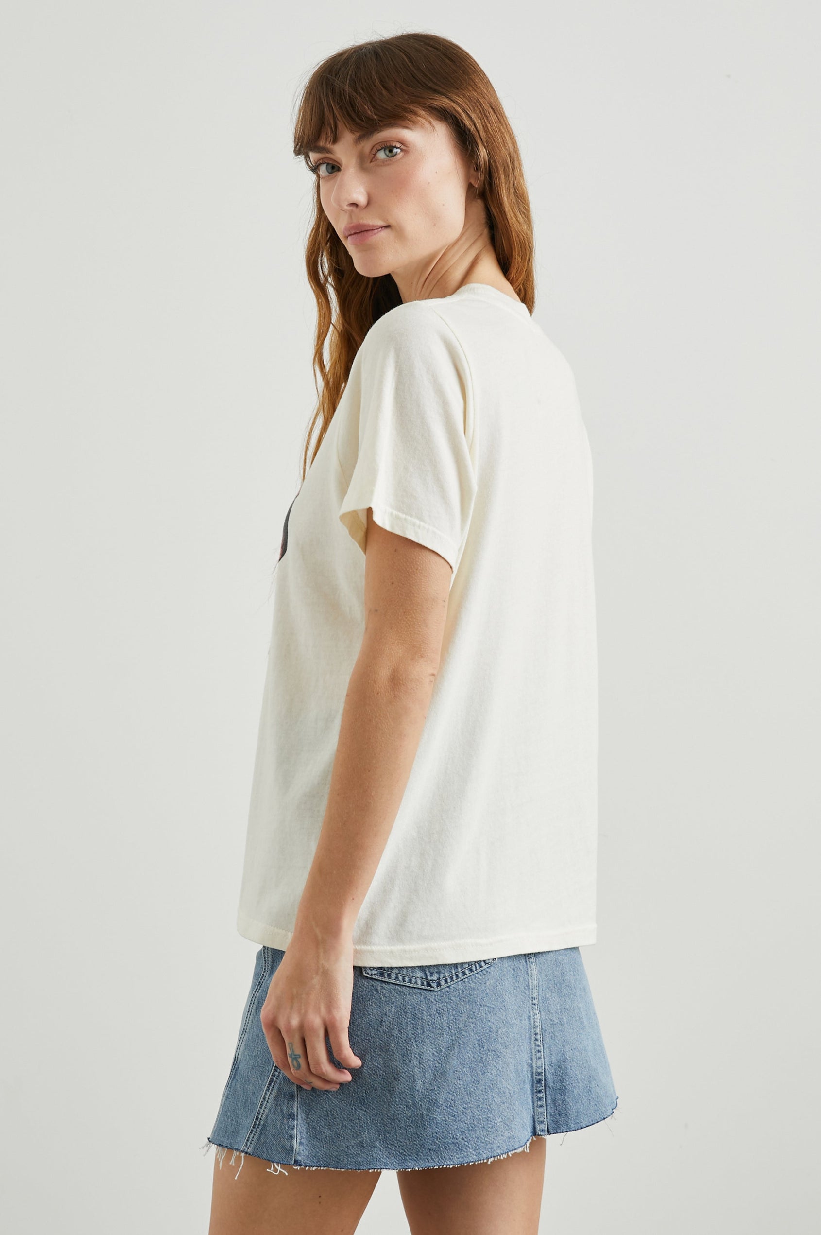 Boyfriend T-Shirt with a Crew Neck, photographs of Los Angeles and the text, Greetings From Rails Los Angeles in Rails Los Angeles Ecru Colorway, with text in Pink and Blue - Side View Featured on Model