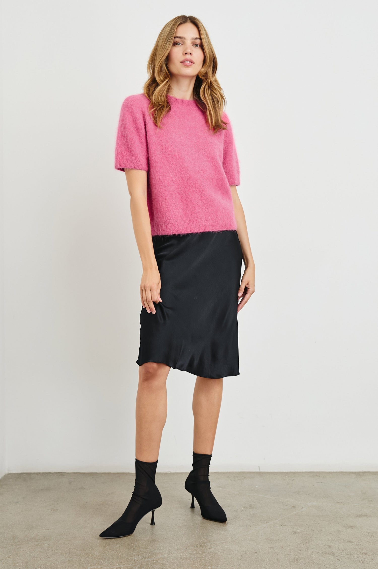 Briar Short-Sleeve Top with a Crew Neck and Ribbed Trim in Carmine Colorway - Front Full Body View Featured on Model