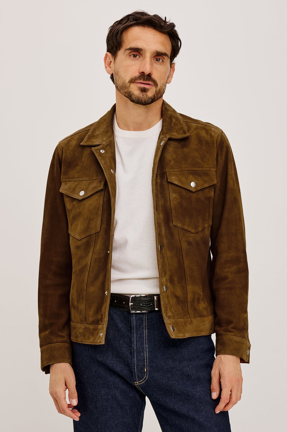 Bronson Jacket in Suede With Boxy Slightly Cropped Trucker Fit, Snap-Button Front, Chest Patch Pockets, and Long Sleeves in Mesa Suede Colorway -