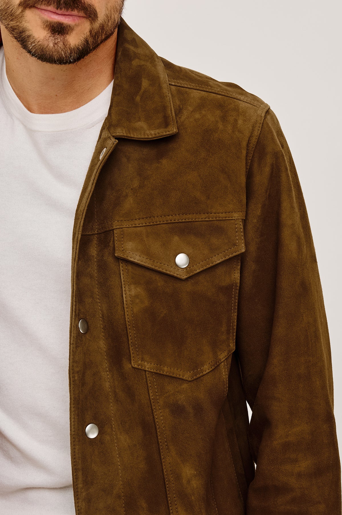 Bronson Jacket in Suede With Boxy Slightly Cropped Trucker Fit, Snap-Button Front, Chest Patch Pockets, and Long Sleeves in Mesa Suede Colorway -