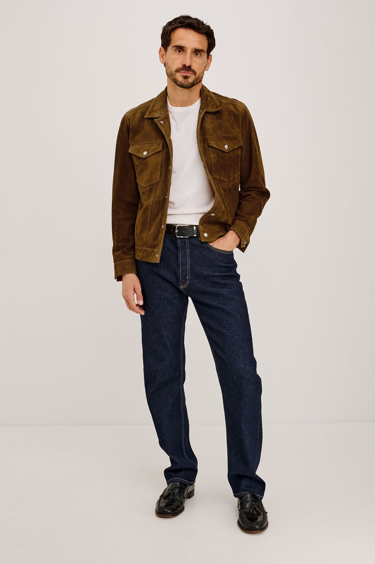 Bronson Jacket in Suede With Boxy Slightly Cropped Trucker Fit, Snap-Button Front, Chest Patch Pockets, and Long Sleeves in Mesa Suede Colorway -
