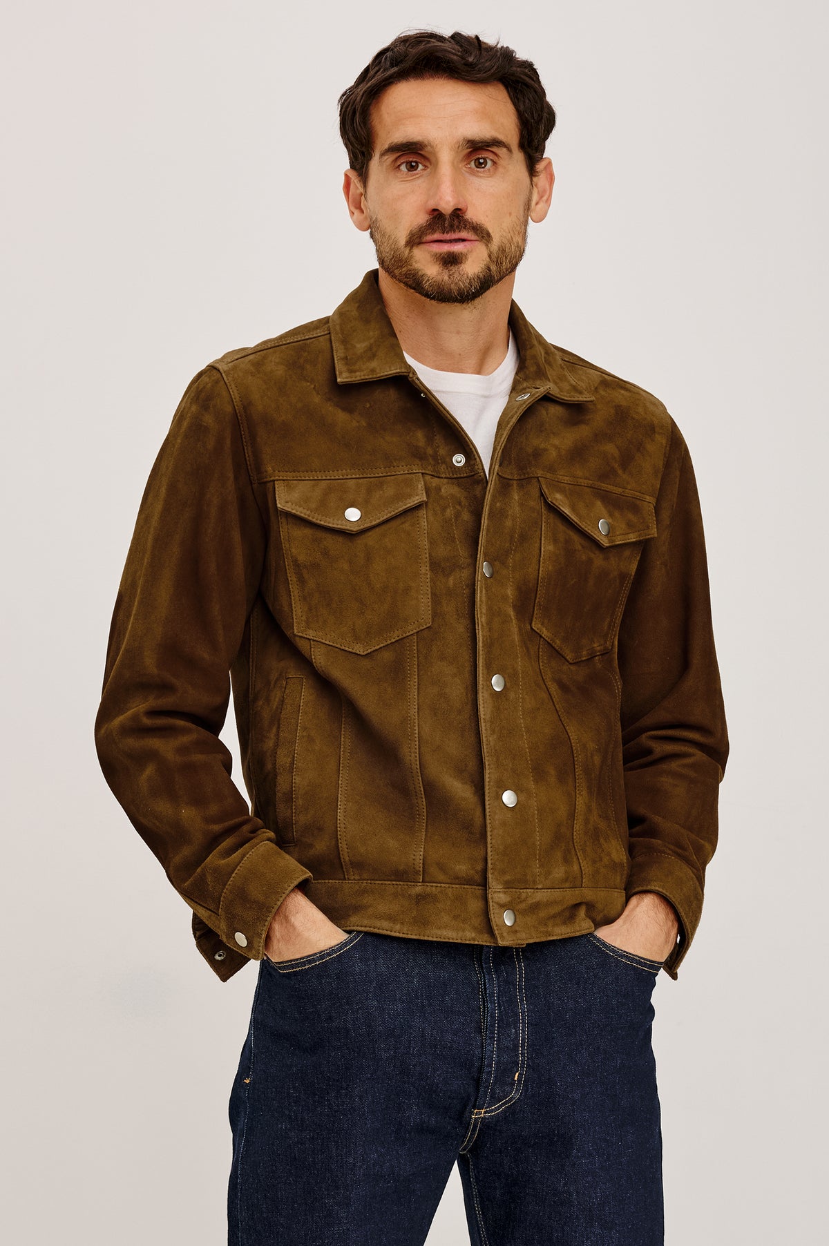 Bronson Jacket in Suede With Boxy Slightly Cropped Trucker Fit, Snap-Button Front, Chest Patch Pockets, and Long Sleeves in Mesa Suede Colorway -