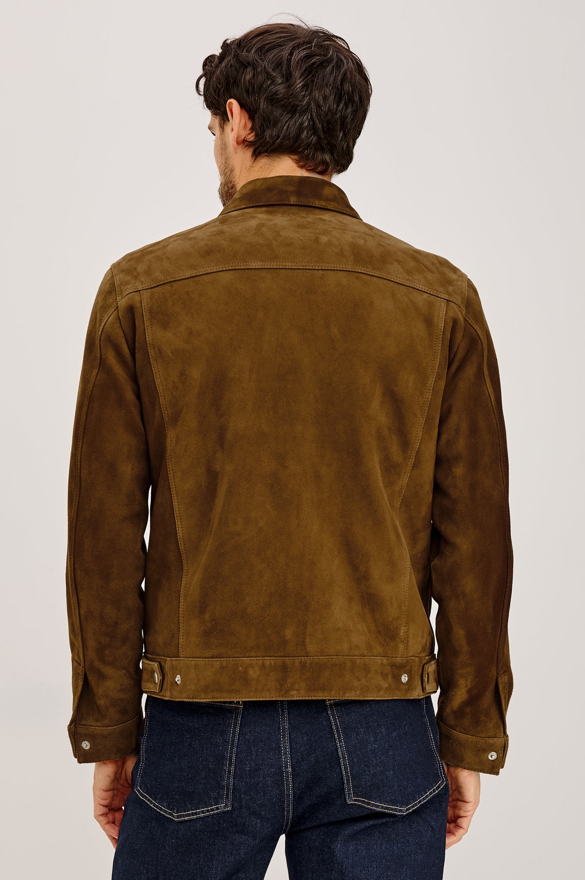 Bronson Jacket in Suede With Boxy Slightly Cropped Trucker Fit, Snap-Button Front, Chest Patch Pockets, and Long Sleeves in Mesa Suede Colorway -