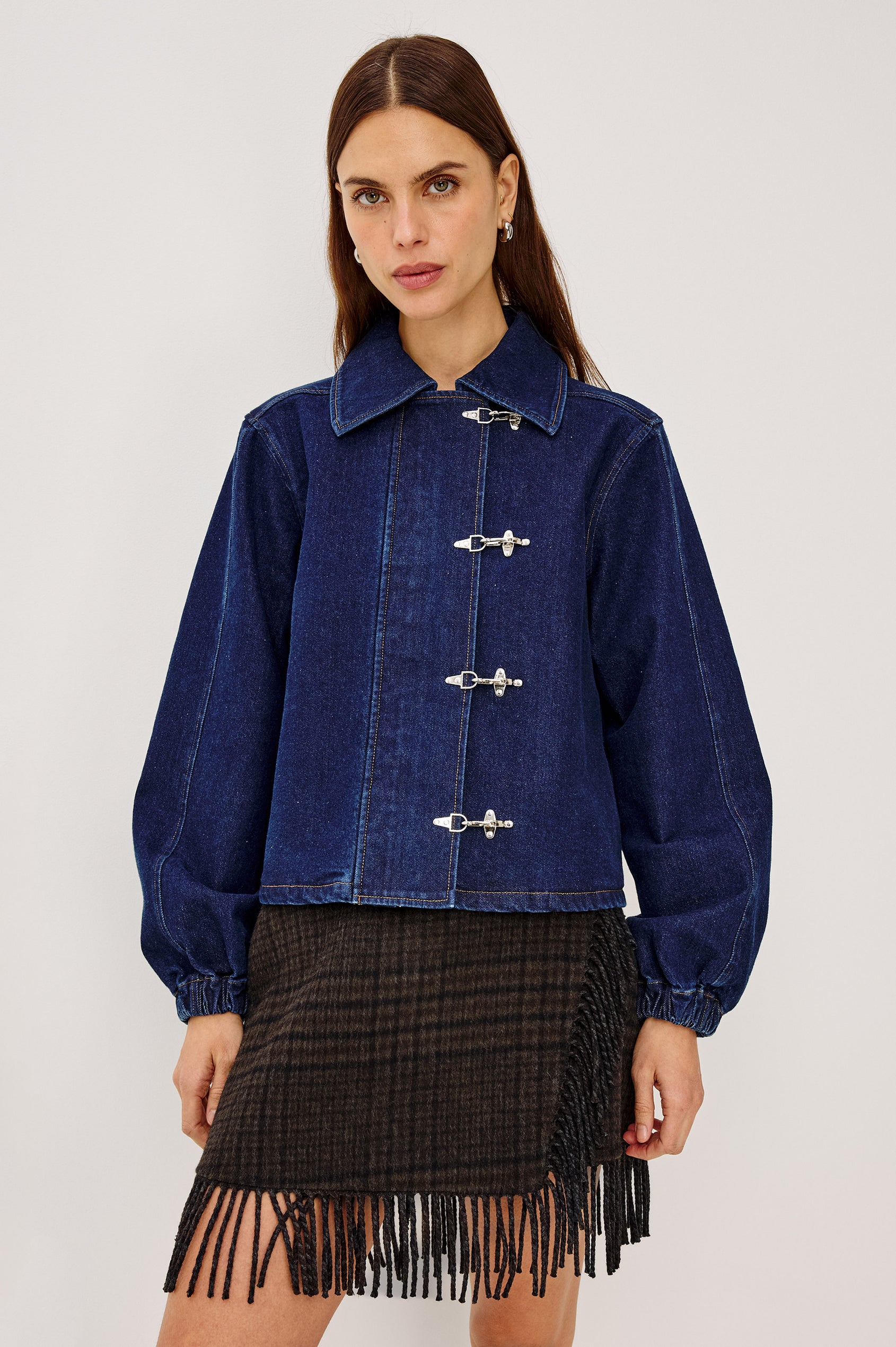 Brooke Jacket in Midweight Denim With Duffel Slightly Cropped Fit, Long Balloon Sleeves, Elastic Cuffs, Back Yoke Pleat, and Front Toggle Closures in Rinse Indigo Colorway - Upper Body Front View Featured on Model