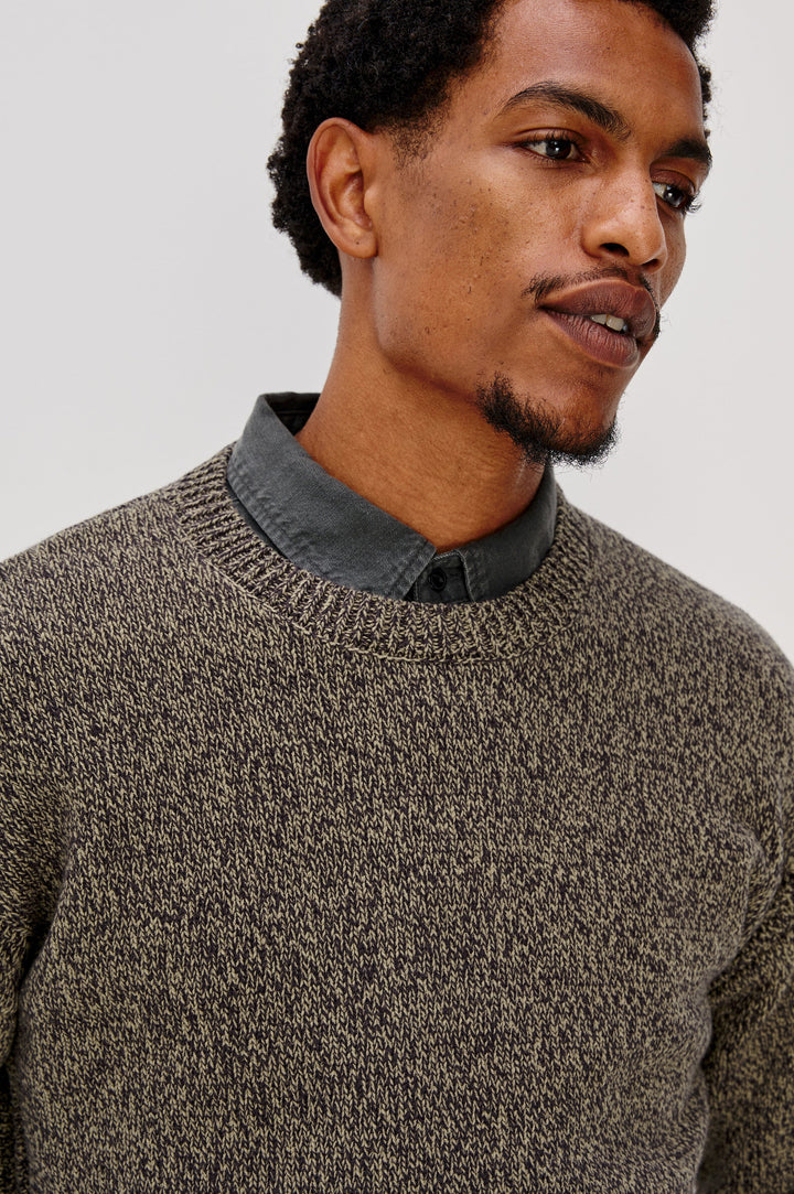 Bryce Long Sleeve Crewneck Sweater with Ribbed Collar and Cuffs in Navy Cedar Colorway. Front Detail View Featured on Model.