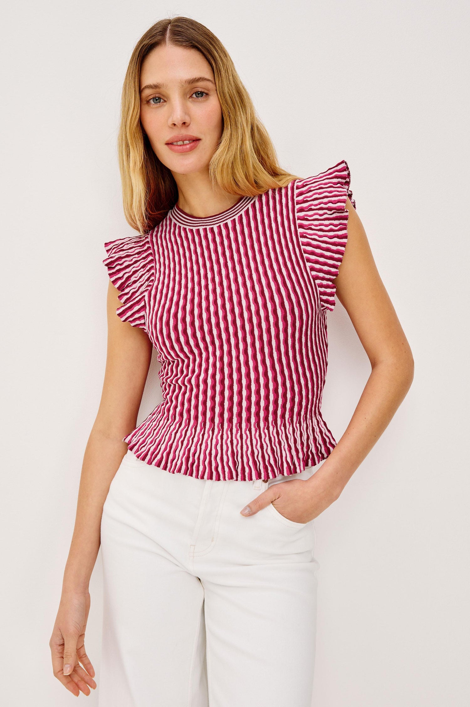 Bryn Fitted Top in Compact Stretch Knit With Flutter Sleeves, Ribbed Crew Neckline, and Peplum Hem in Berry Stripe Colorway - Upper Body Front View Featured on Model