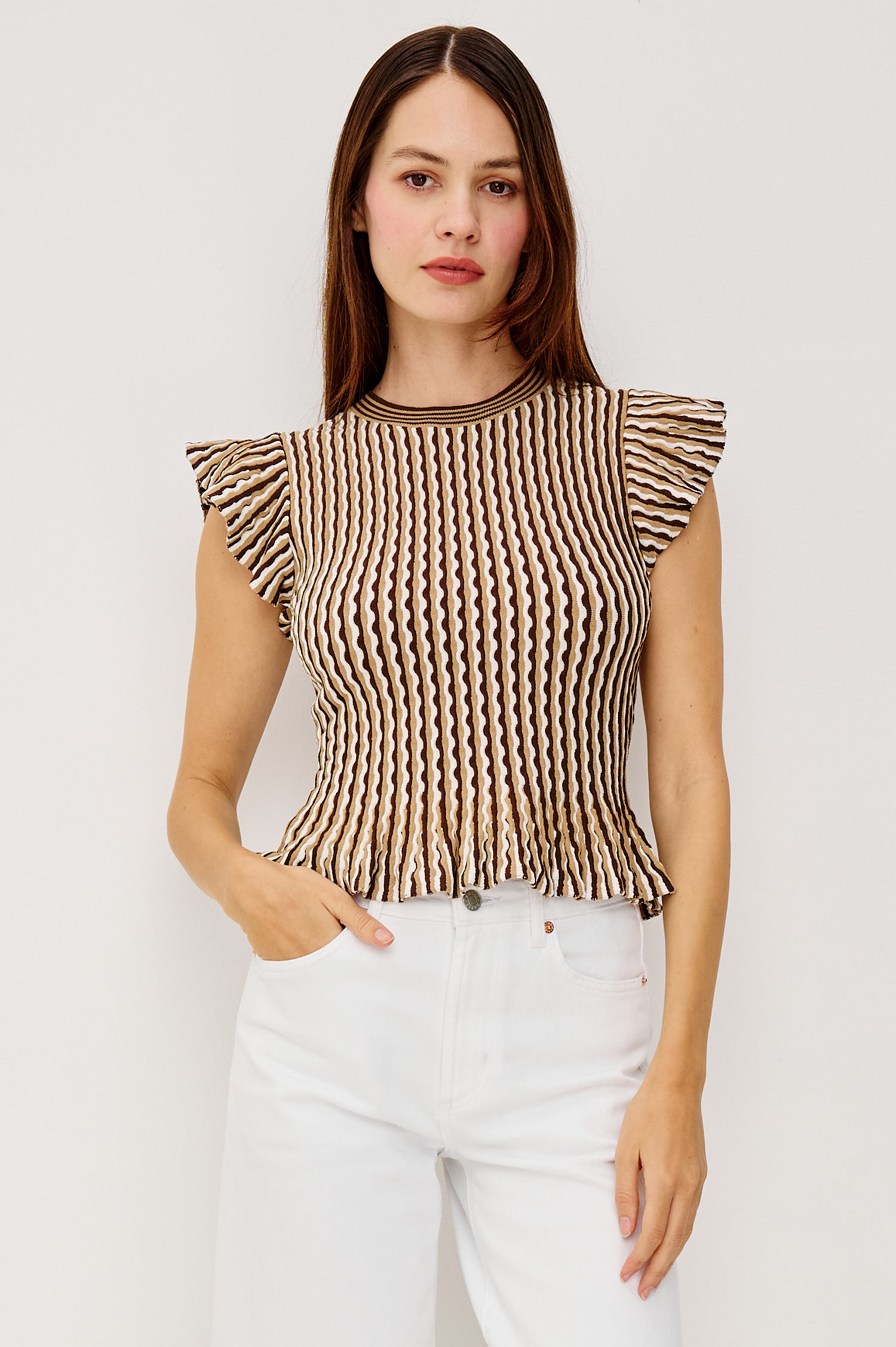 Bryn Fitted Top in Compact Stretch Knit With Flutter Sleeves Ribbed Crew Neckline and Peplum Hem in Brown Stripe Colorway - Upper Body Close Up View Featured on Model