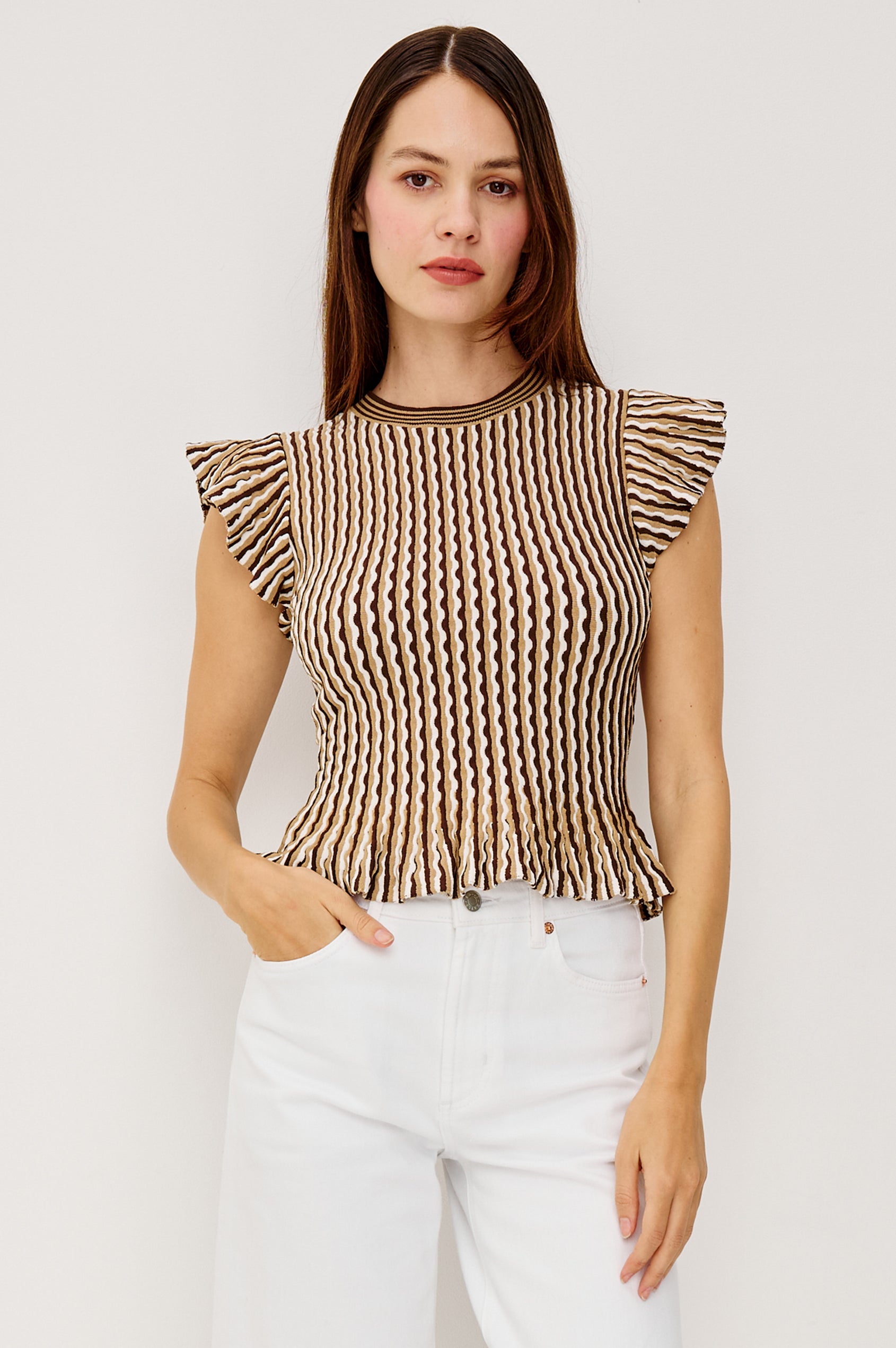 Bryn Fitted Top in Compact Stretch Knit With Flutter Sleeves Ribbed Crew Neckline and Peplum Hem in Brown Stripe Colorway - Upper Body Close Up View Featured on Model