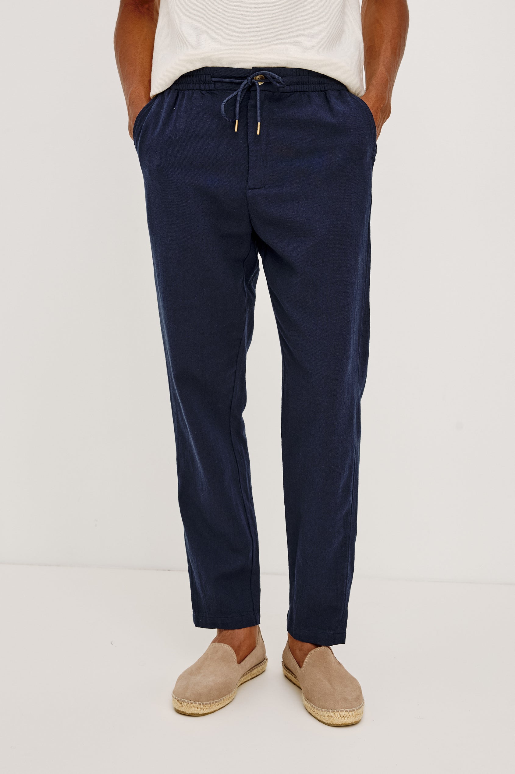 Callum Pants with a Drawstring Waist, Two Front Pockets and a Back Patch Pocket in Deep Meridian Colorway - Front View Featured on Model