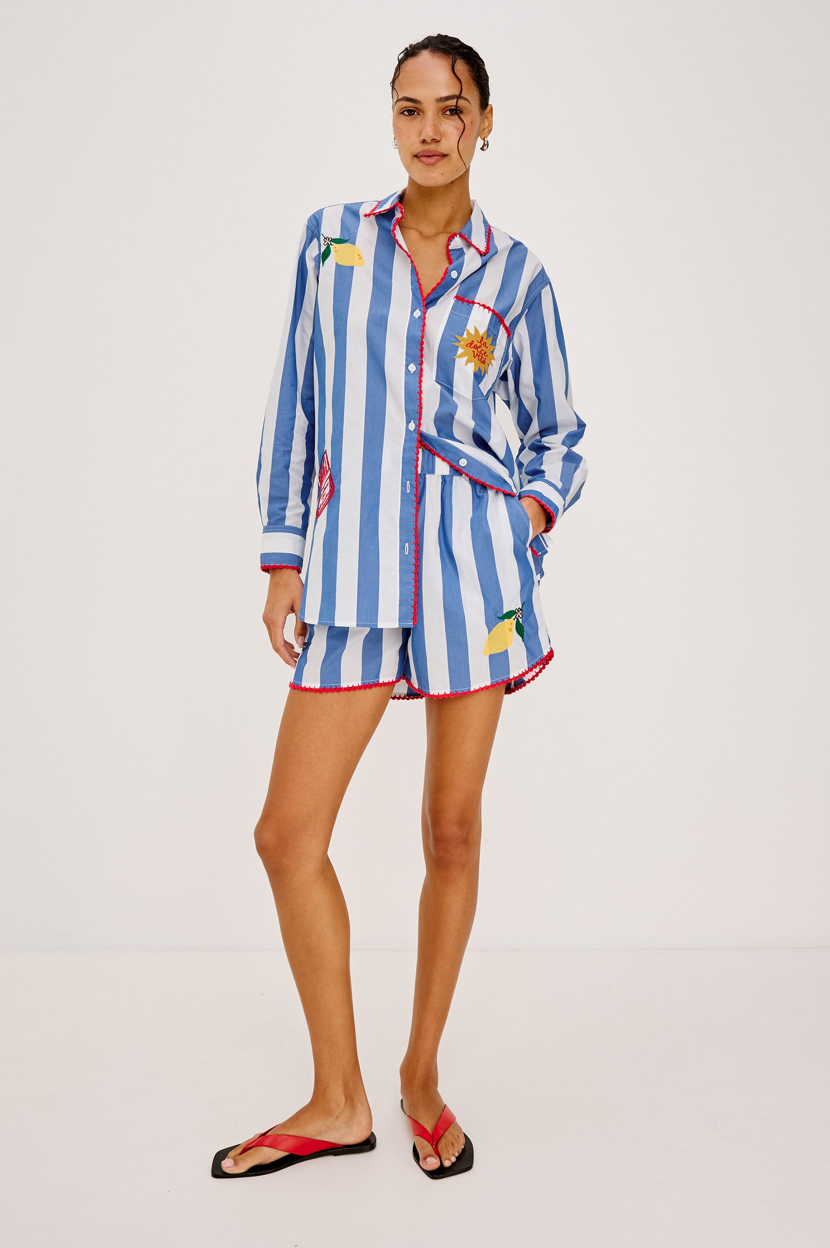 Cam Short in Cotton Poplin With Elastic High-Waist, Relaxed Fit, and Side Pockets in Dolce Vita Embroidery Colorway - Full Body Front View Featured on Model